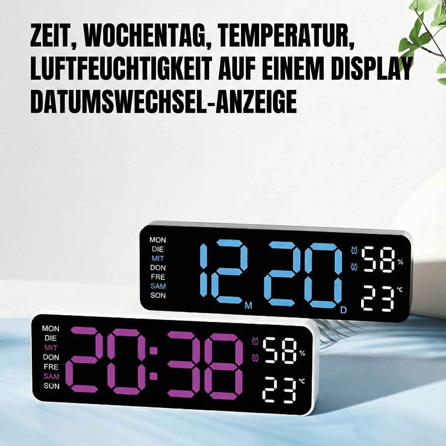 Zwei digitale Uhren zeigen Zeit, Datum und Temperatur an.