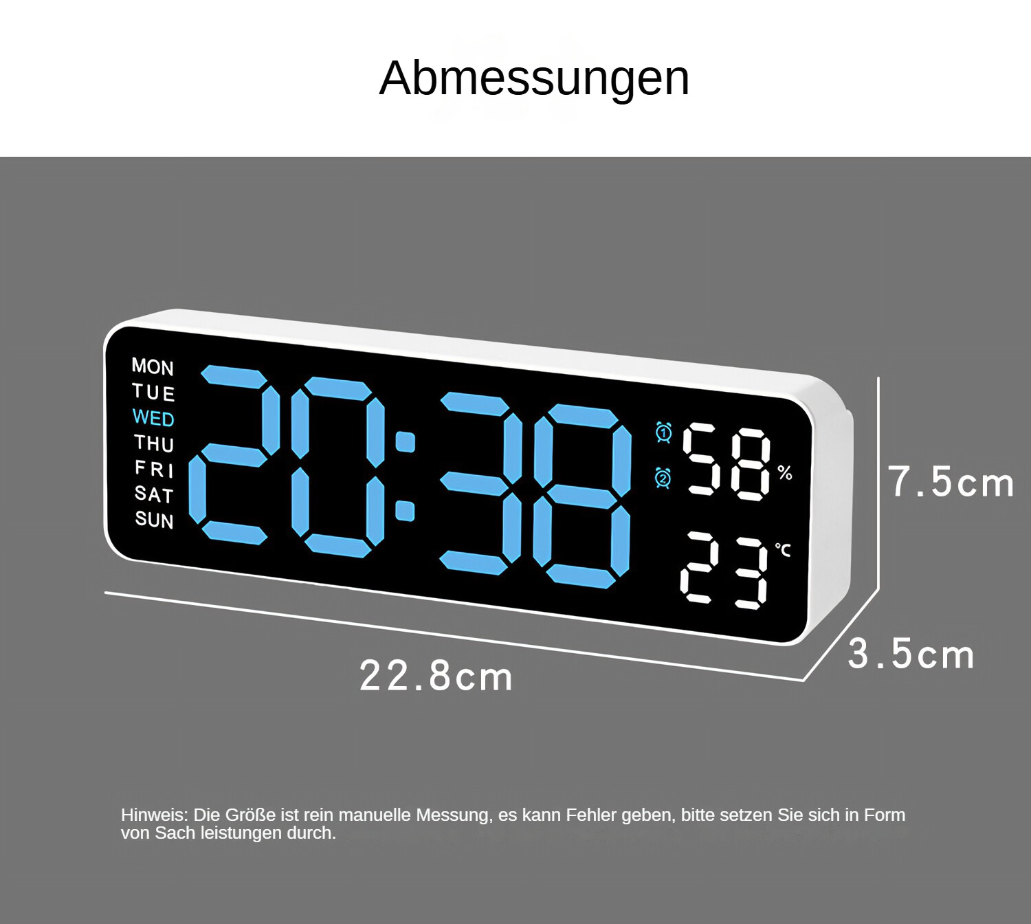 Digitaluhr zeigt 20:38, 58% Luftfeuchtigkeit und 23°C. Maße 22.8x7.5x3.5cm.