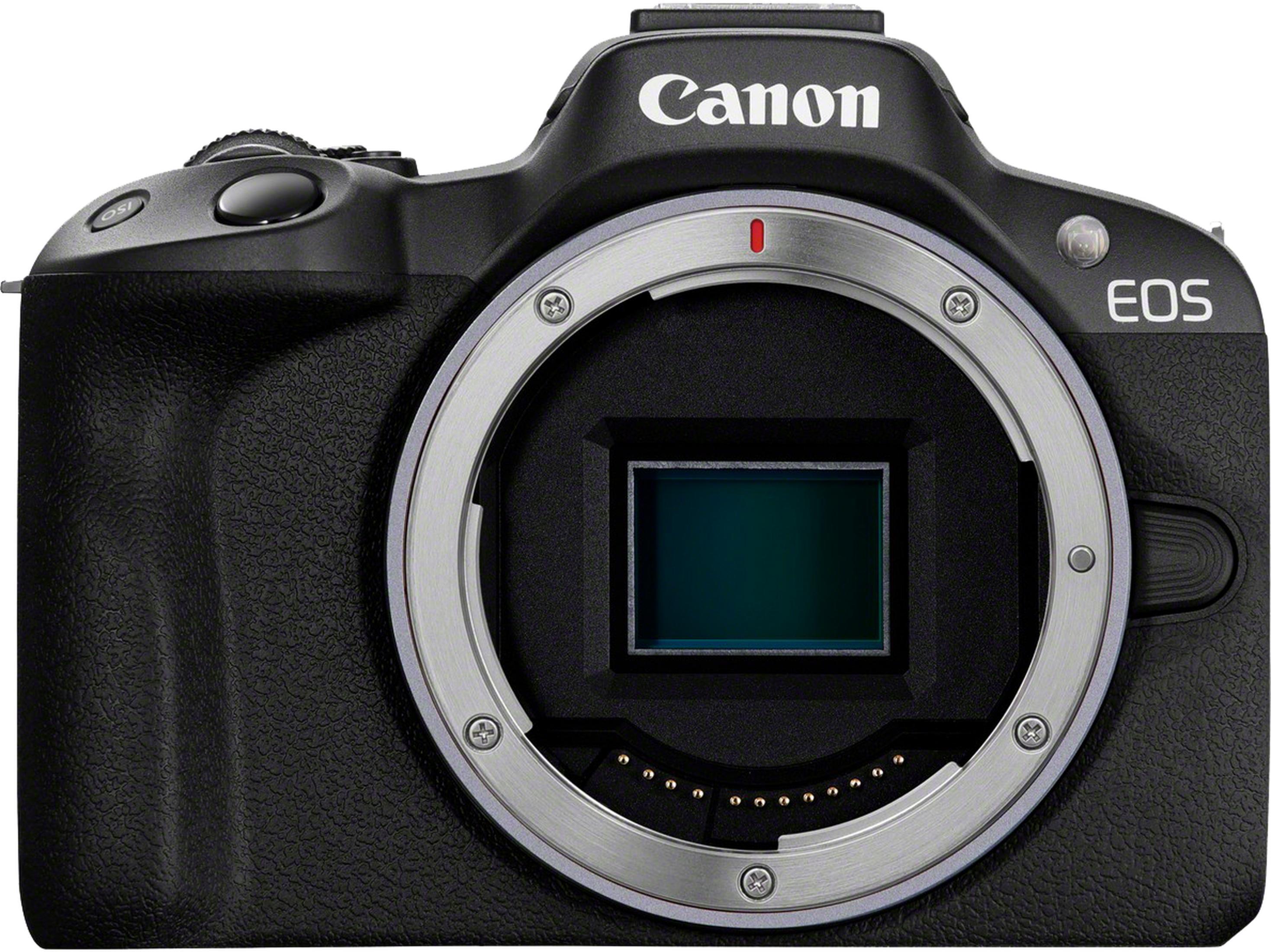Fotocamera Canon EOS nera con innesto obiettivo e sensore argentati.