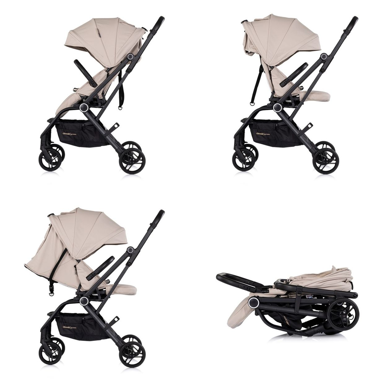 Ein beige Kinderwagen in verschiedenen Ansichten, einschließlich gefalteter Position.