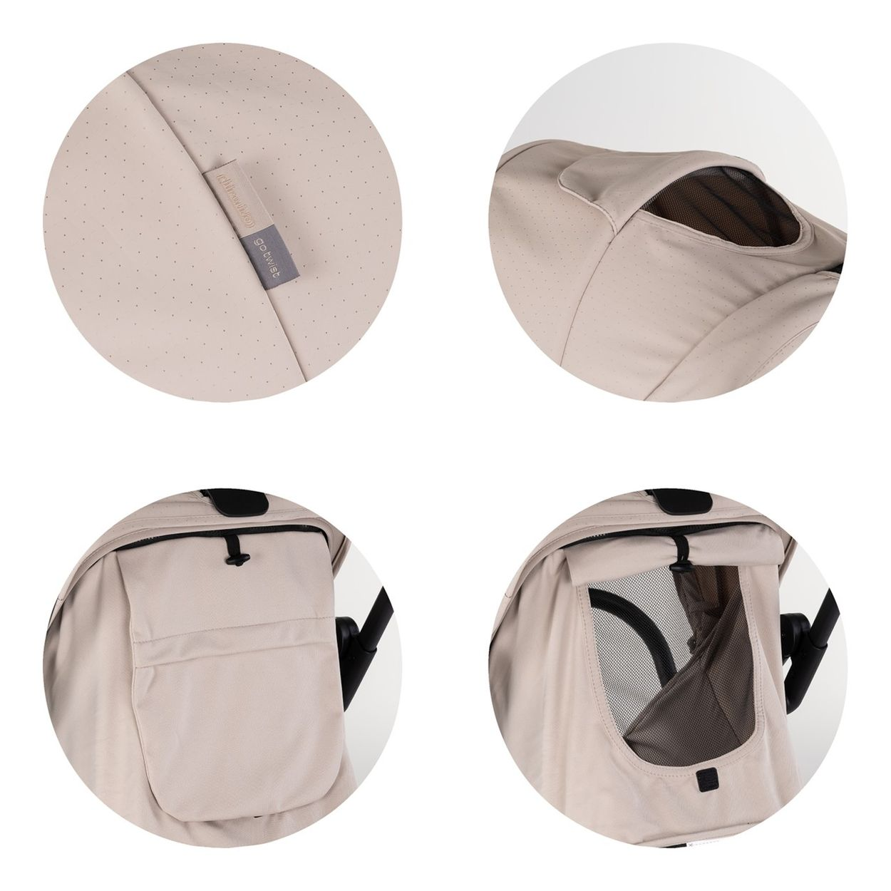 Beigefarbener Kinderwagenstoff mit Details wie einem Etikett, Belüftung und Taschen.