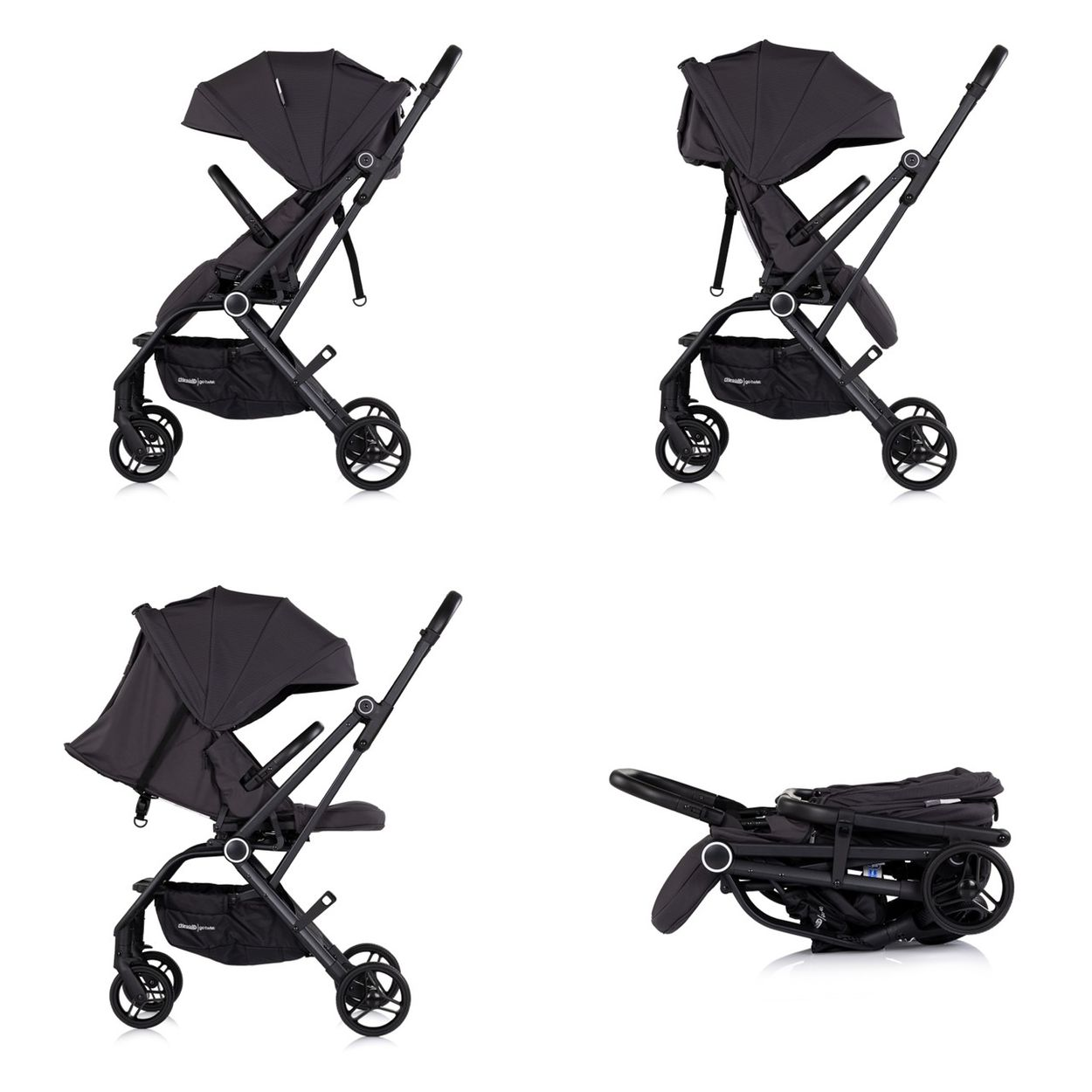 Ein schwarzer Kinderwagen in verschiedenen Ansichten, einschließlich zusammengeklappt.