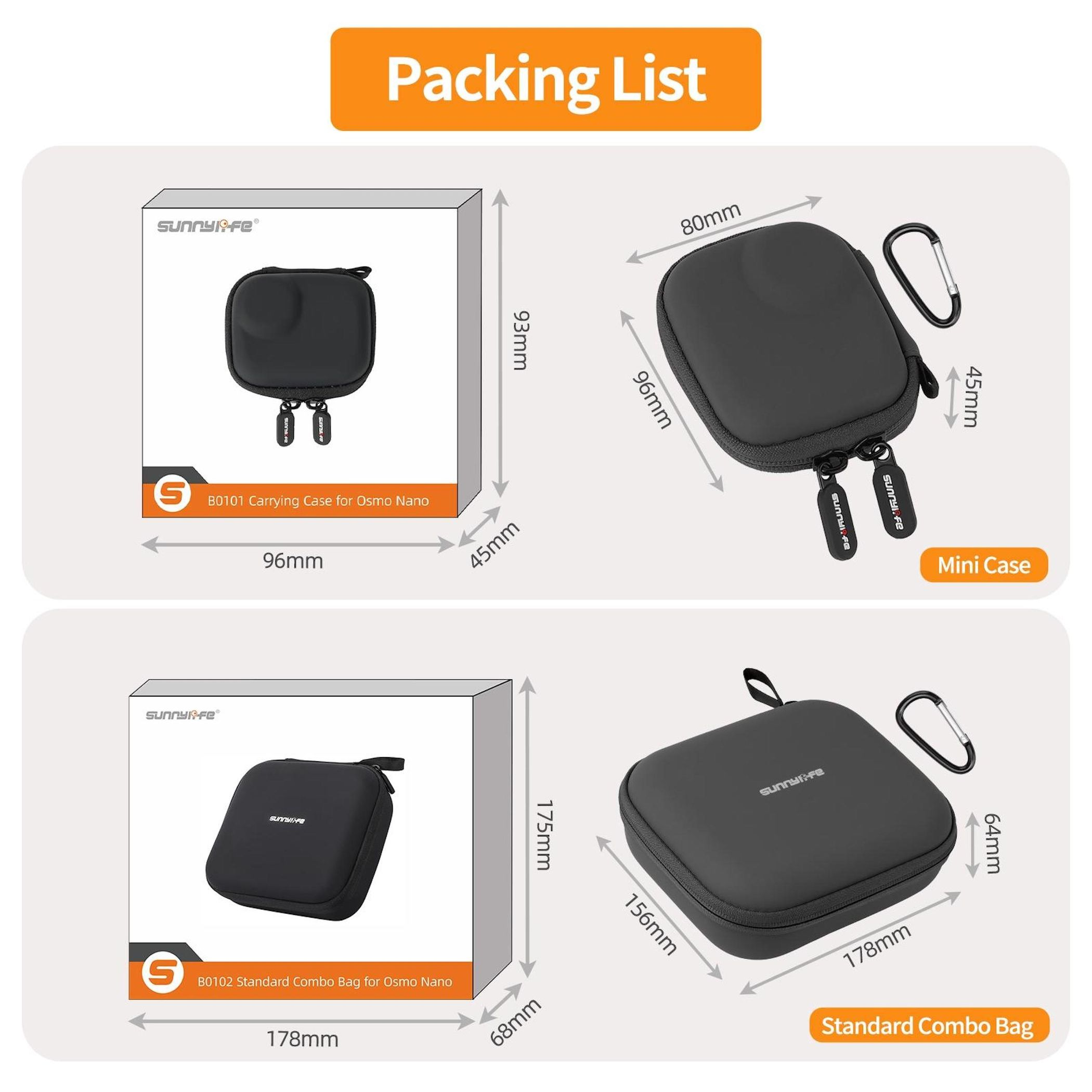 Verpackungsliste: Mini-Tasche und Standard-Kombotasche, schwarz, mit Maßen.