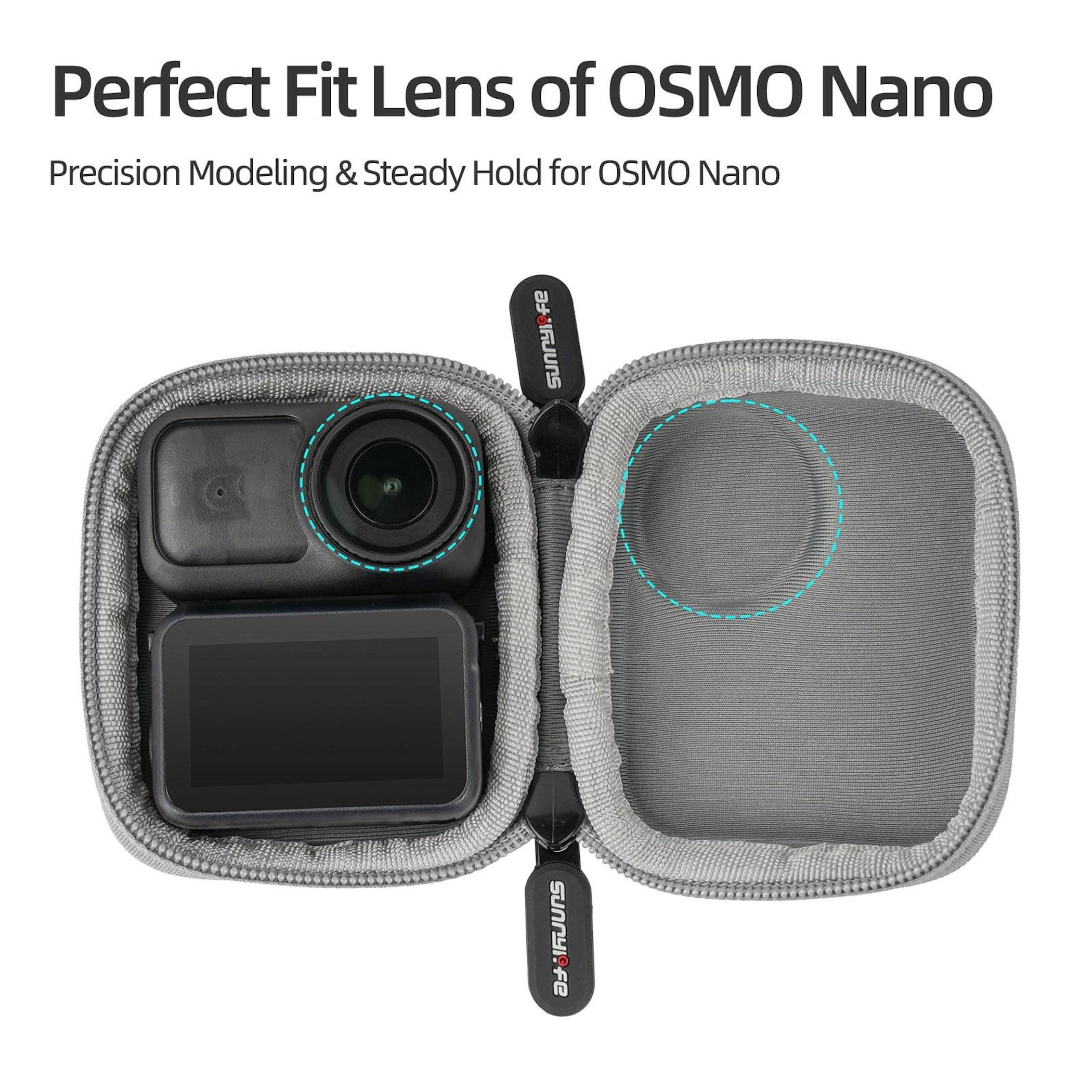 Grauer Reißverschlusskoffer mit OSMO Nano Kamera und Objektiv.