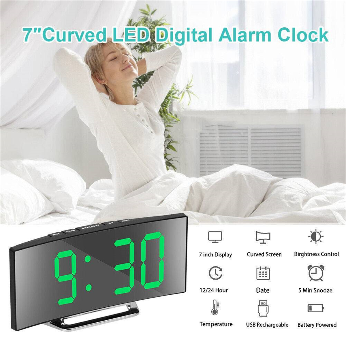 Ein Frau räkelt sich im Bett, neben einem gebogenen LED-Digitalwecker mit grüner Anzeige.
