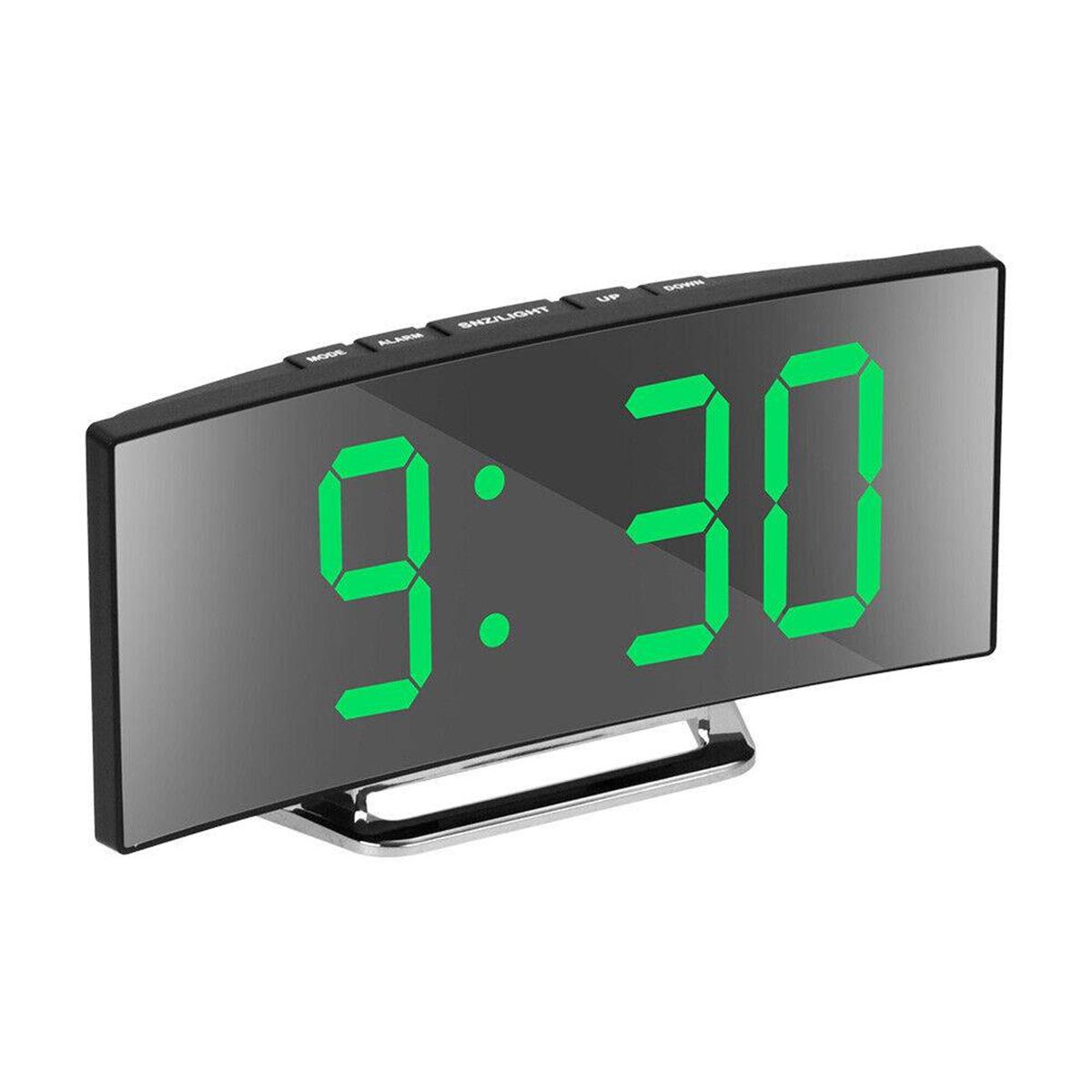 Digitaluhr zeigt 9:30 mit grünen Ziffern auf schwarzem Spiegelbildschirm.