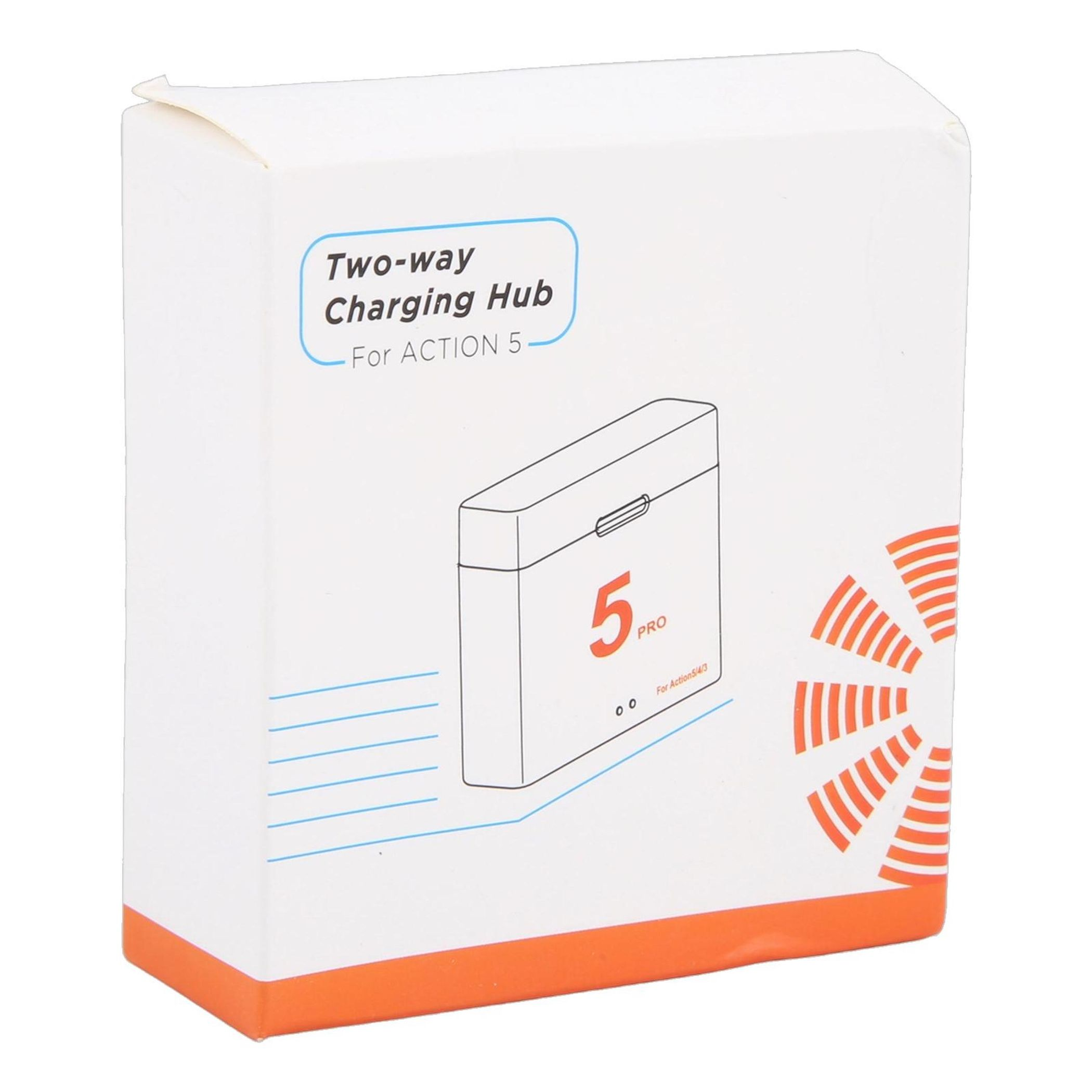 Verpackung für ein Zwei-Wege-Ladegerät mit der Aufschrift "For ACTION 5 PRO".