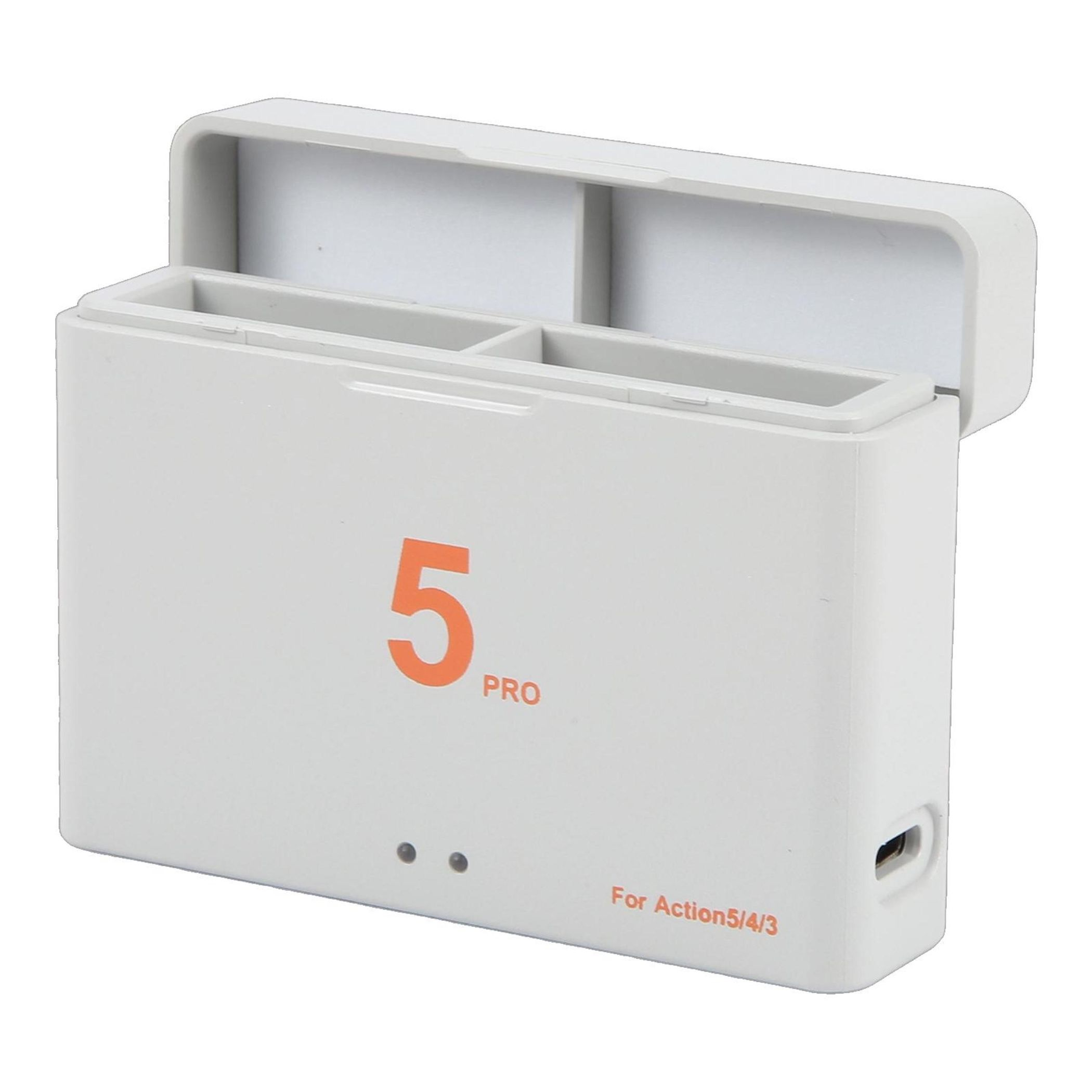 Weißes Ladegerät mit zwei Fächern, orangefarbener Aufdruck 5 PRO und USB-Anschluss.