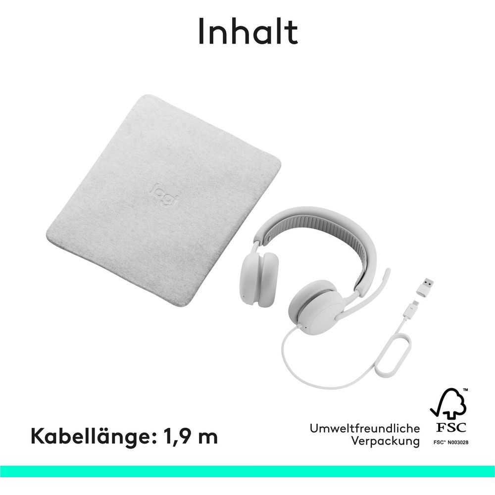 Inhalt: Grauer Stoffbeutel, weiße Kopfhörer mit Mikrofon, USB-Kabel, FSC-Siegel.