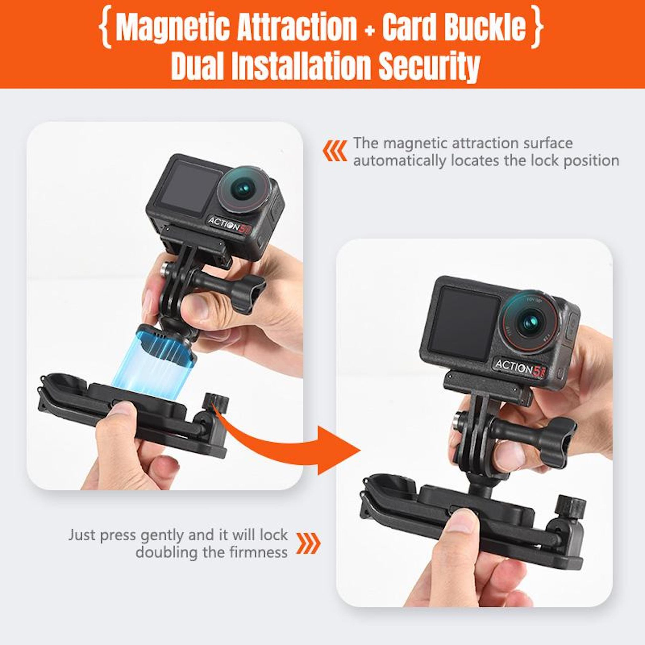 Ein Action-Kamera-Halter mit magnetischer Anziehung und Kartenschnalle wird gezeigt.