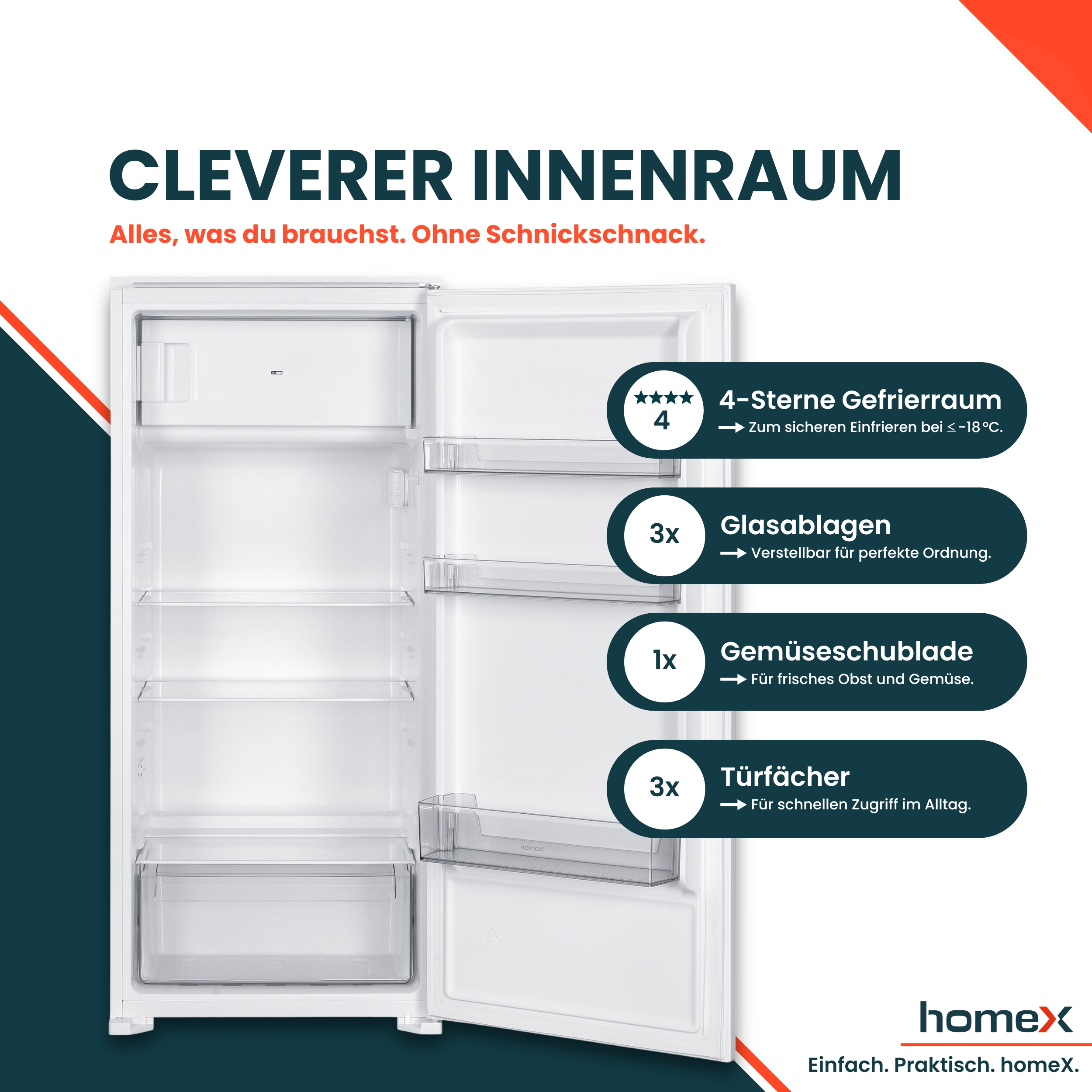 Ein offener weißer Kühlschrank mit Glasablagen, Gemüseschublade und Türfächern.