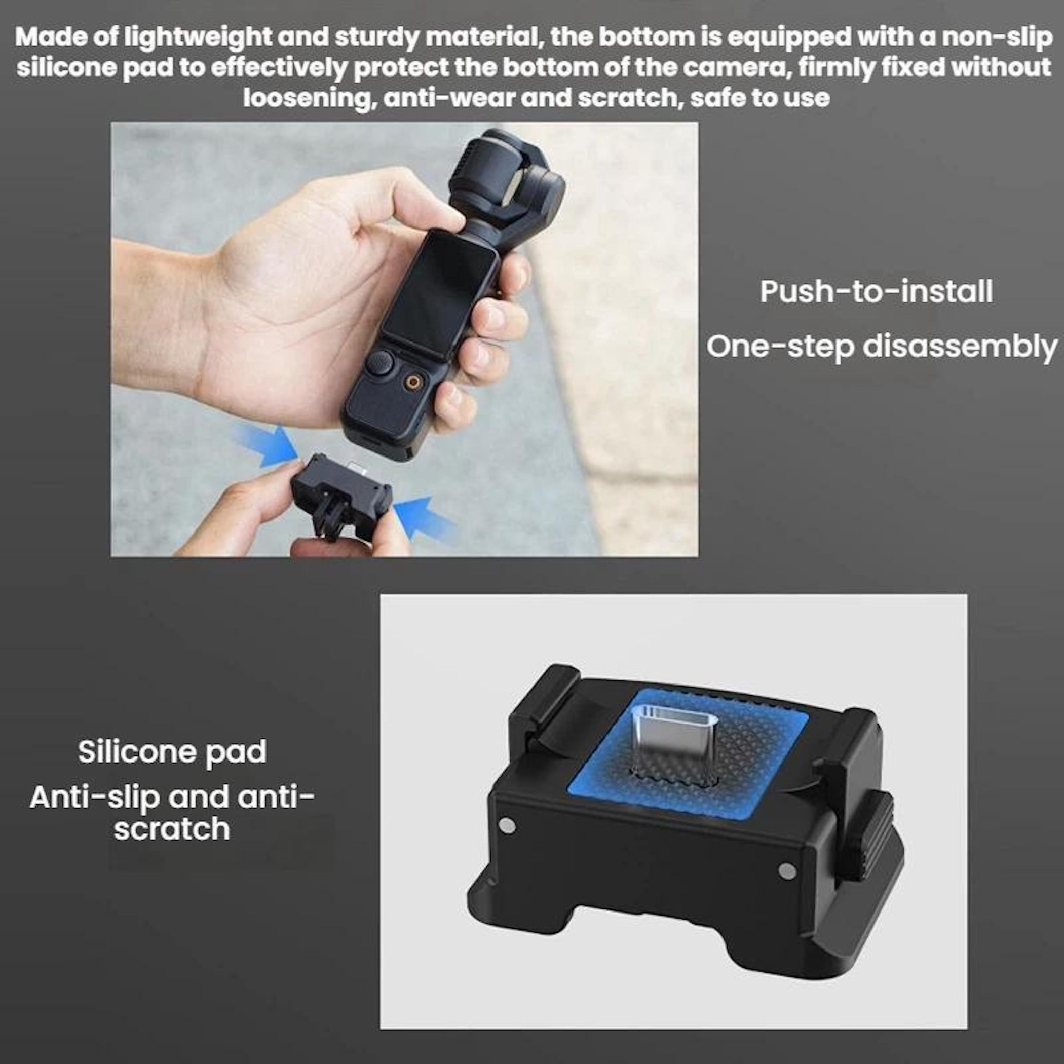 Hand hält Gimbal, blau Pfeil zeigt auf Halterung. Schwarzer Sockel mit blauer Matte.