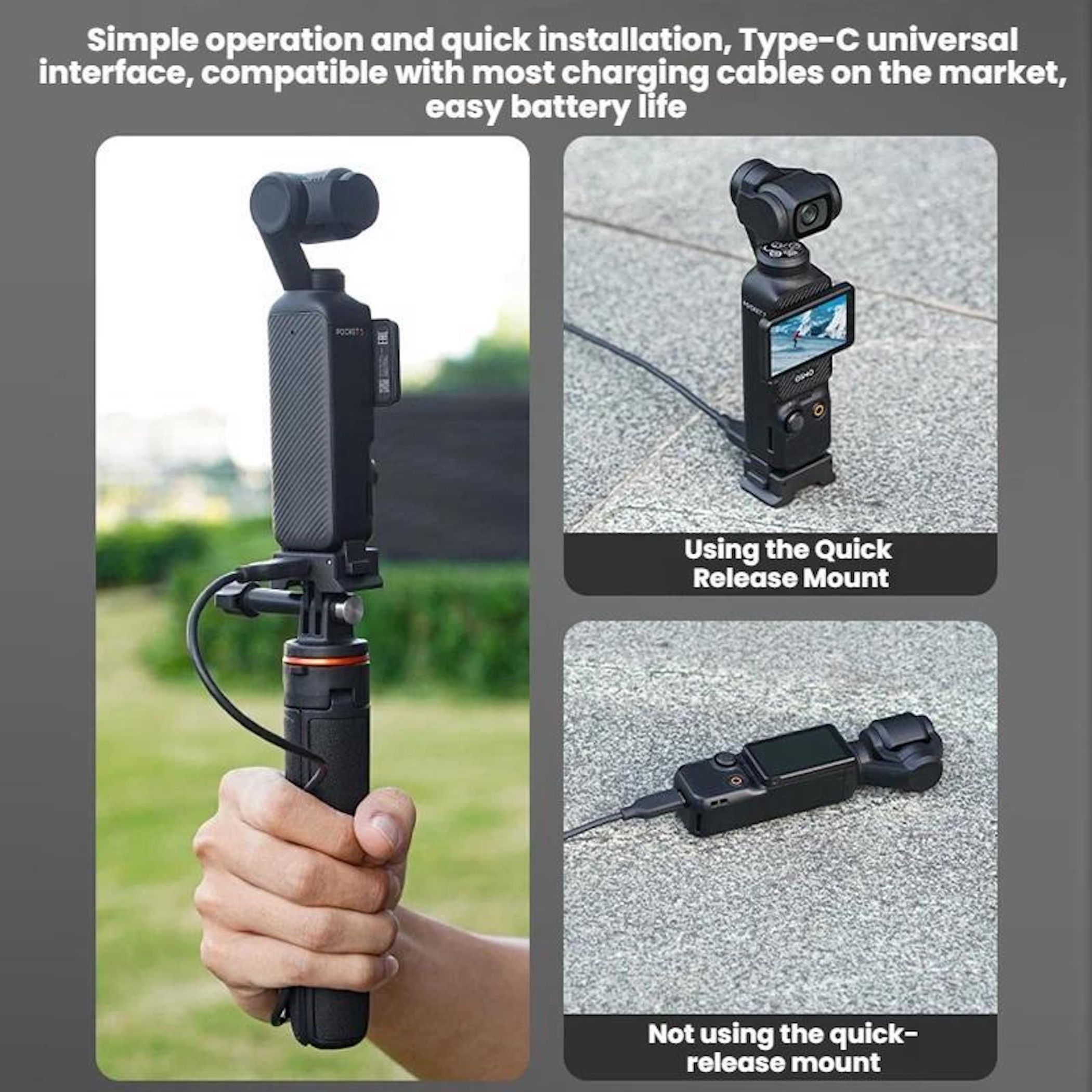 Hand hält Gimbal mit USB-C-Anschluss; separate Ansichten zeigen Montage mit und ohne Schnellverschluss.