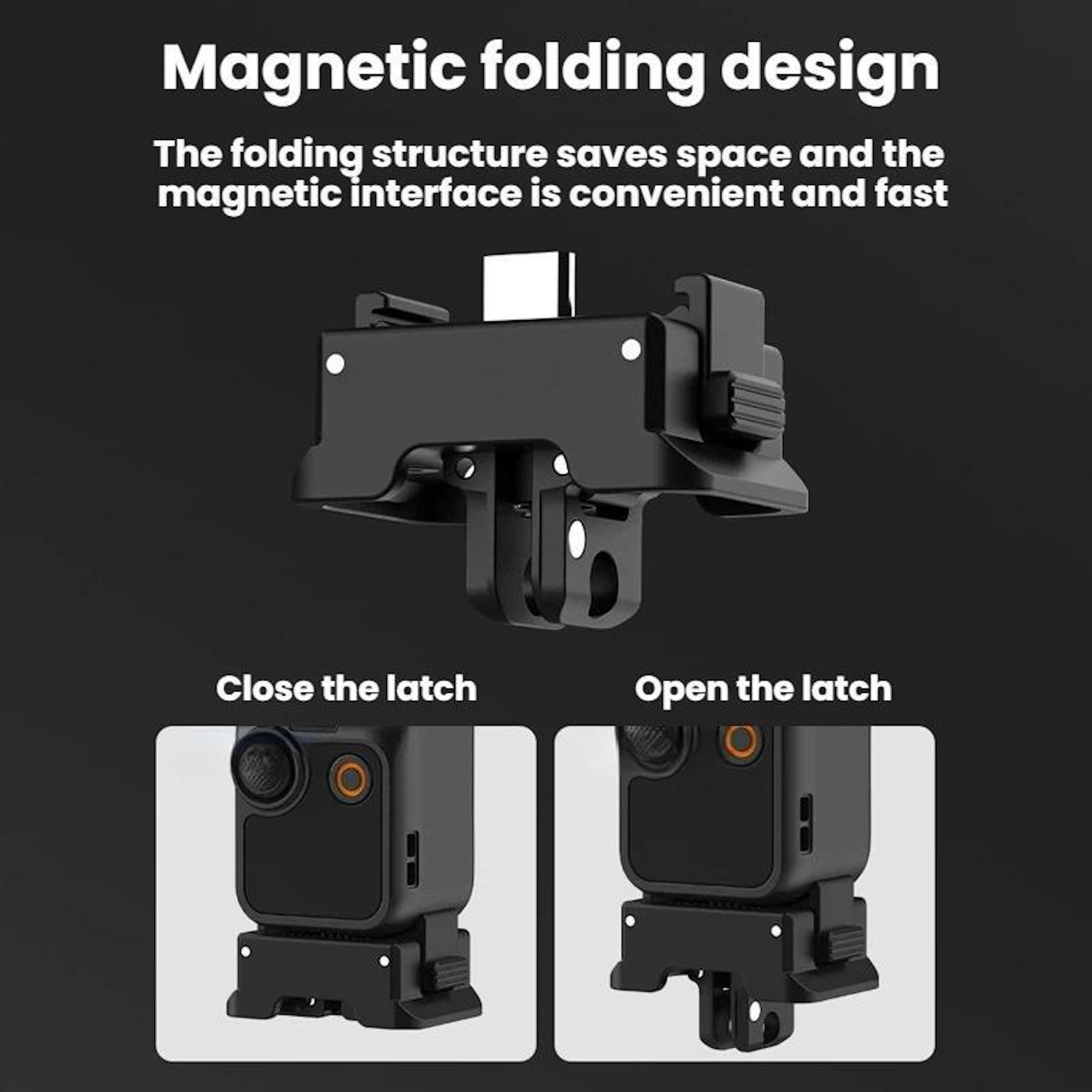 Schwarzes magnetisches Klappdesign mit Nahaufnahmen von Kameras.