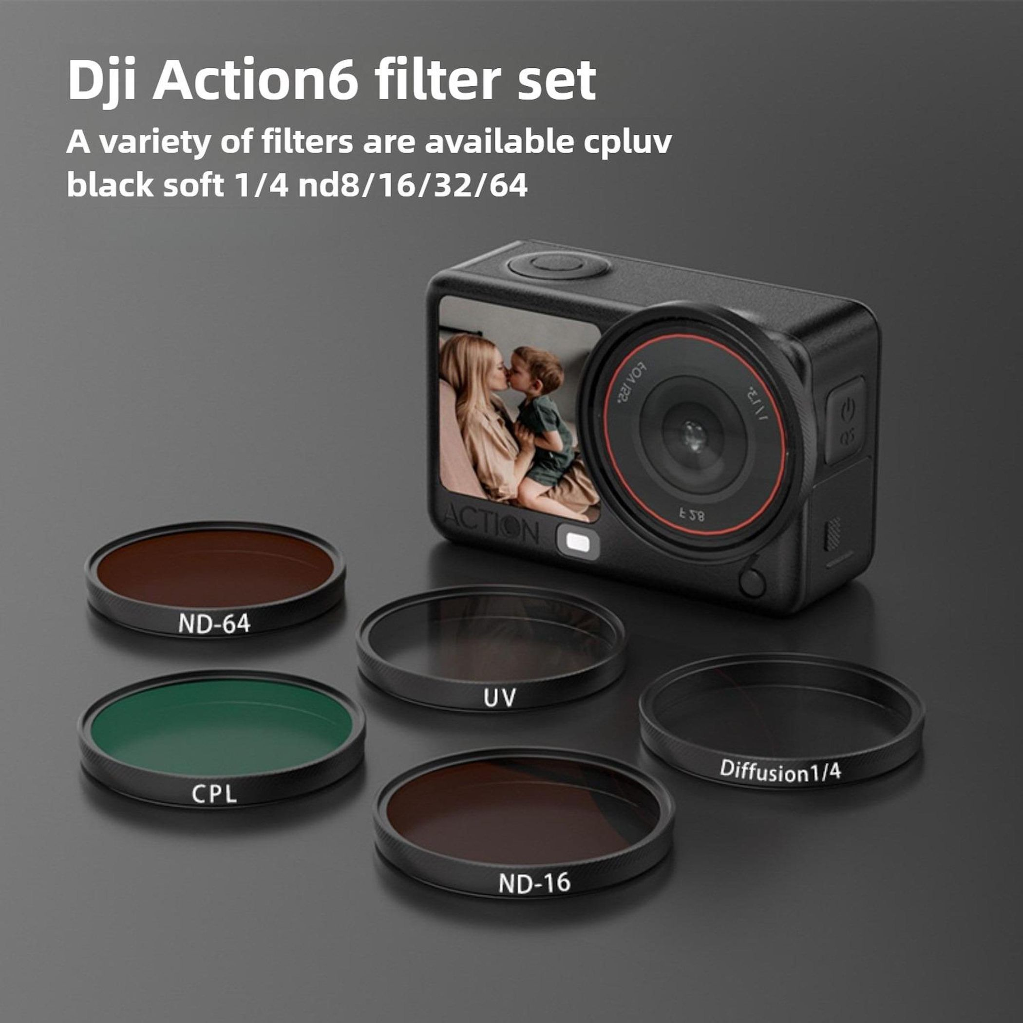 Dji Action6 Kamera mit Zubehörfiltern: ND-64, CPL, UV, ND-16, Diffusion 1/4.