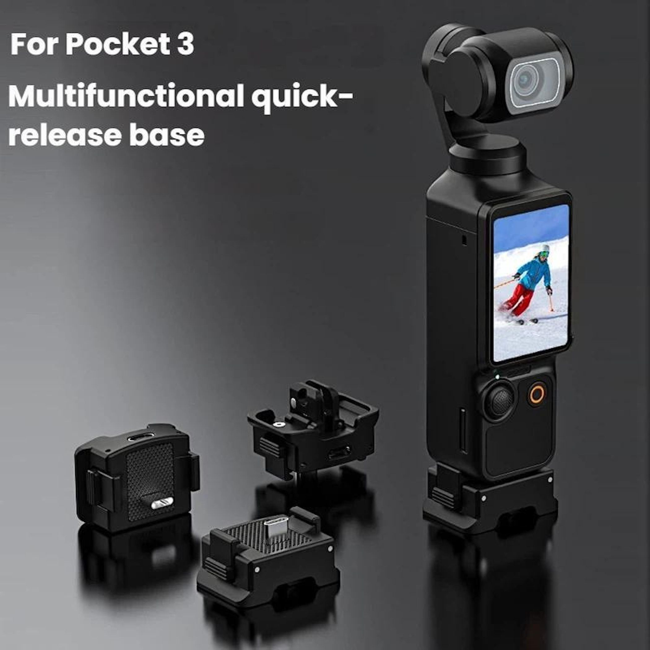 Ein Gimbal mit Bildschirm zeigt einen Skifahrer. Daneben liegen Zubehörteile.