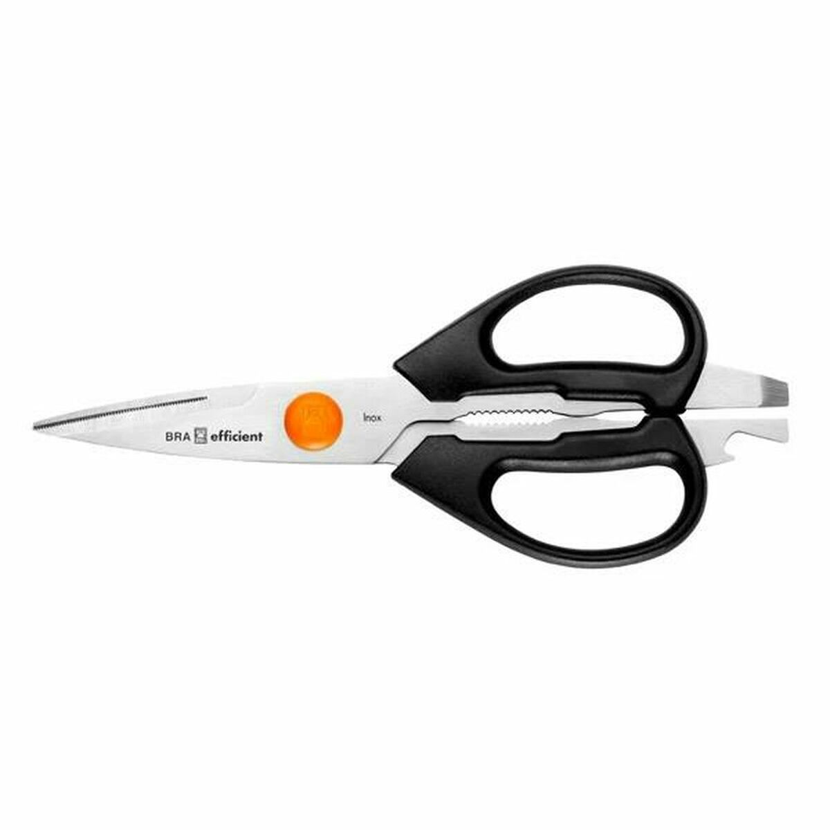 Eine Küchenschere mit schwarzen Griffen und einer Klinge aus Edelstahl mit einem orangen Knopf.
