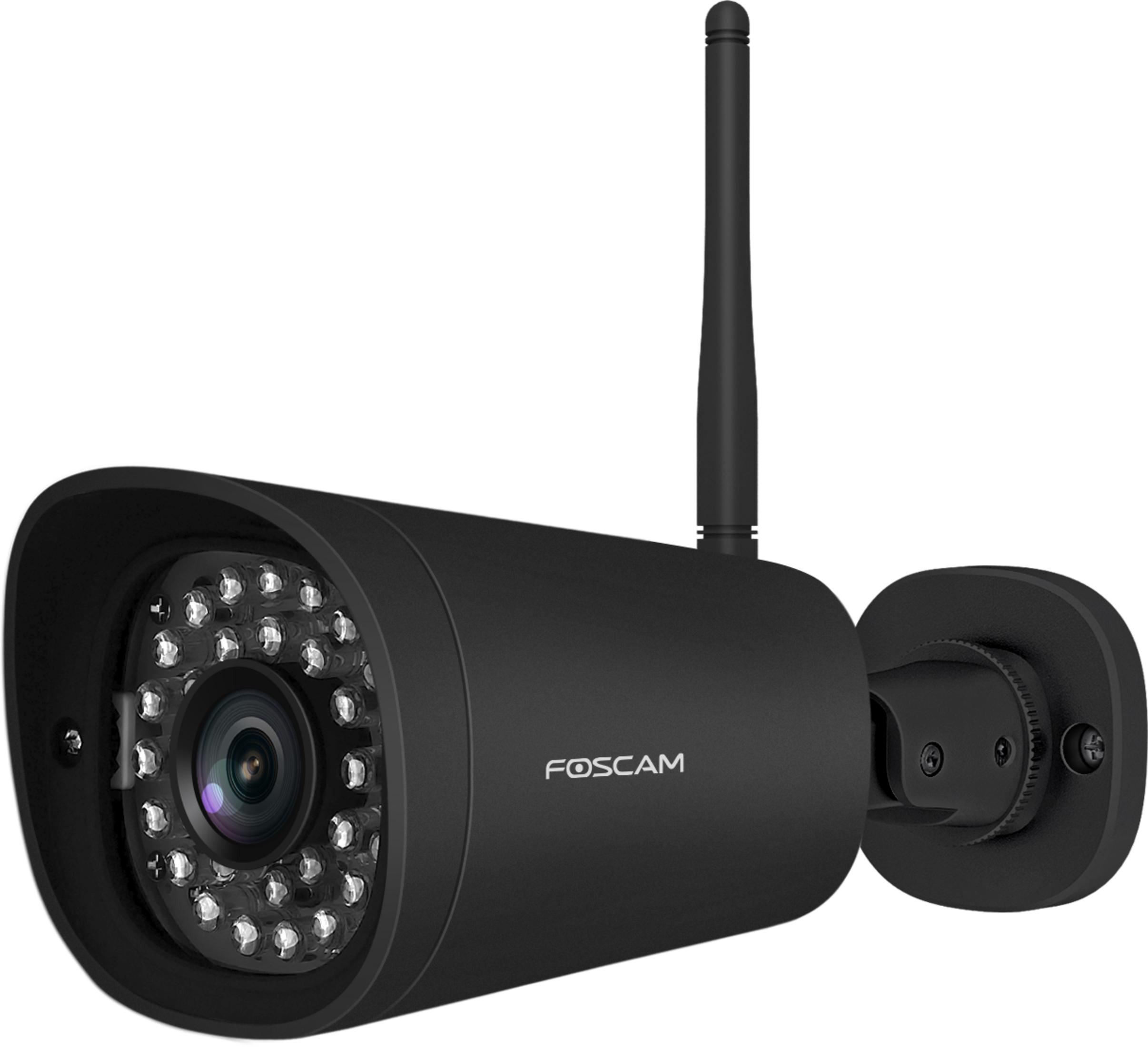Eine schwarze Foscam-Überwachungskamera mit Antenne ist an einer Halterung montiert.