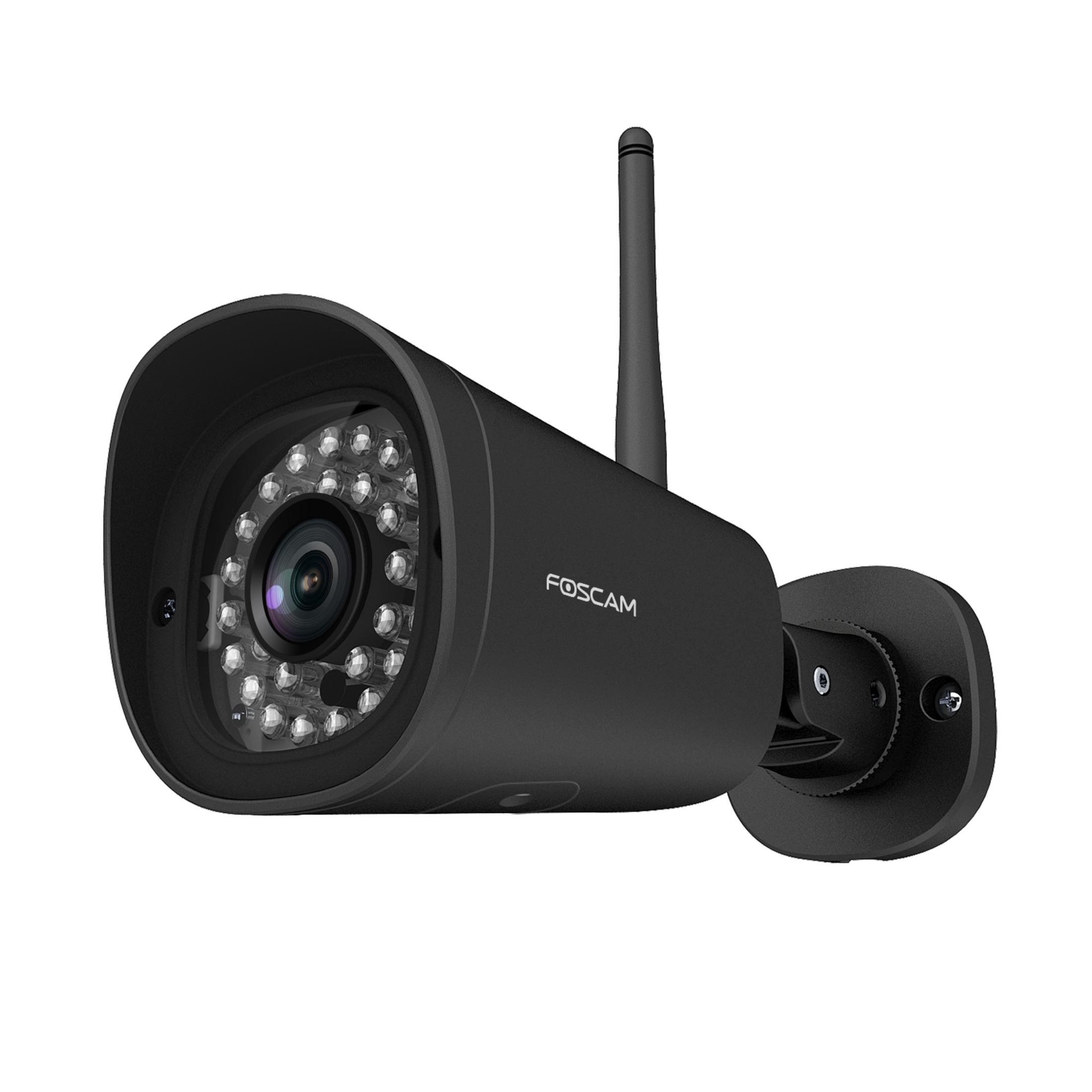 Schwarze Foscam Überwachungskamera mit Infrarot-LEDs und Antenne.