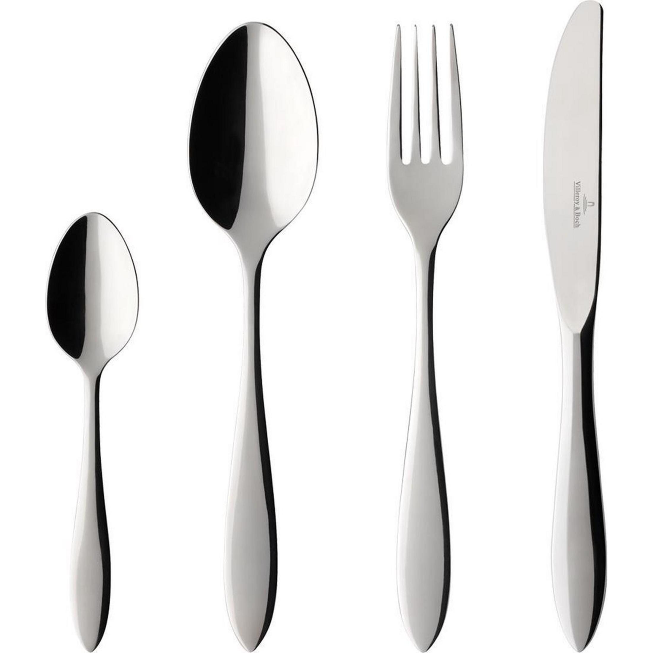 Ein kleiner Löffel, ein großer Löffel, eine Gabel und ein Messer aus Metall.