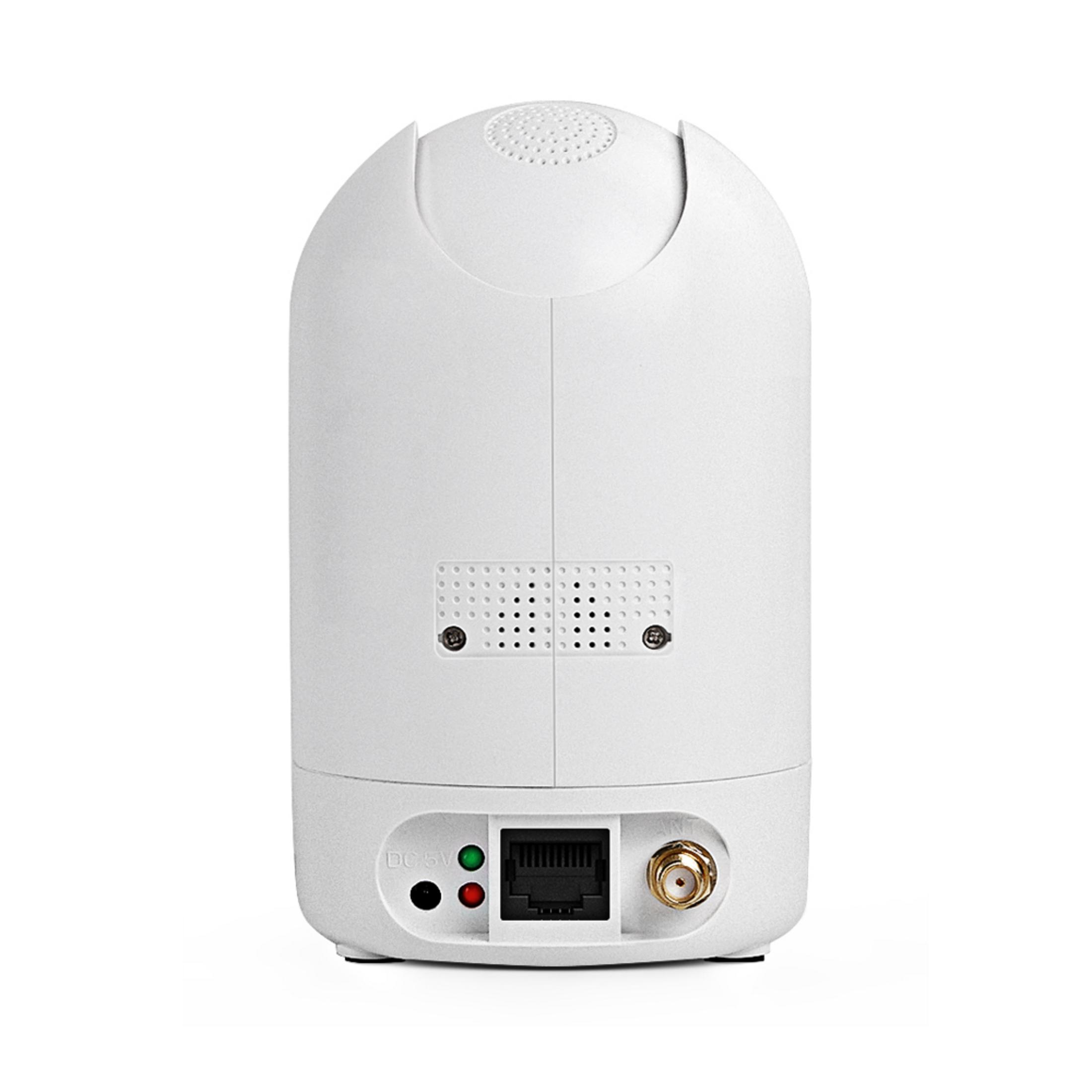 White security camera with ports: DC 5V, green/red LEDs, RJ45 Ethernet, gold antenna connector.