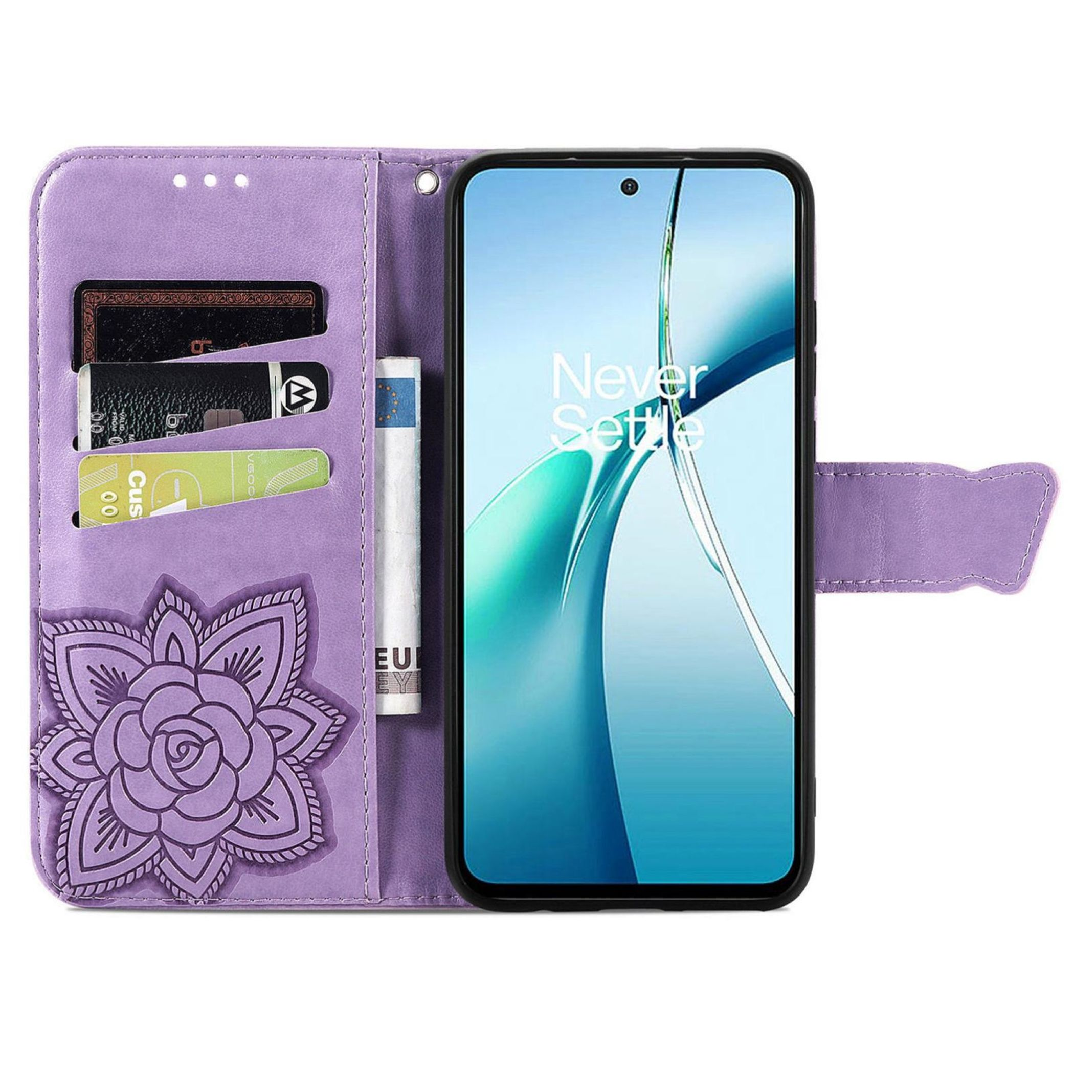 Funda morada para teléfono con ranuras para tarjetas, diseño floral y billete de euro.