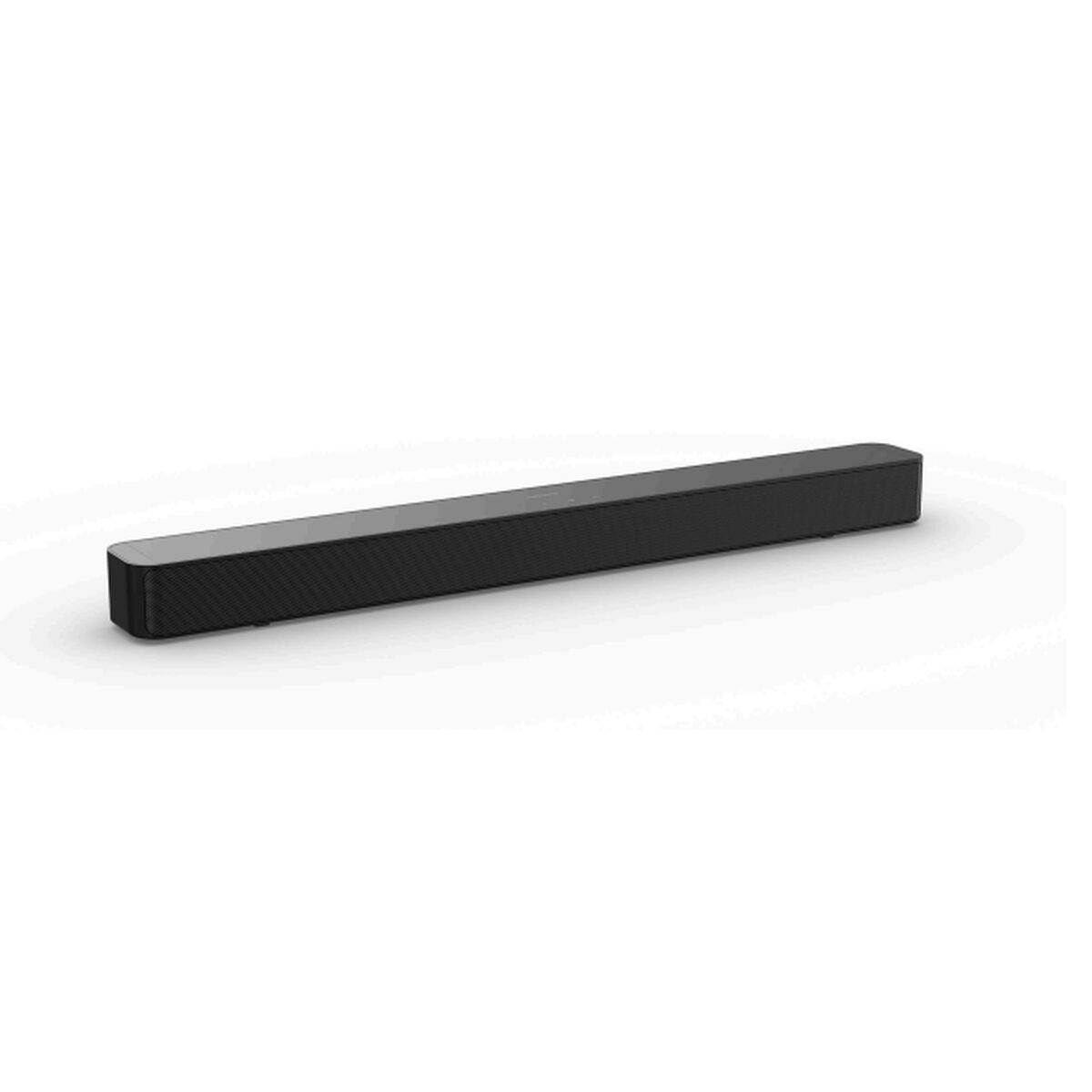 Barra de sonido delgada negra con frente acanalado sobre fondo blanco.