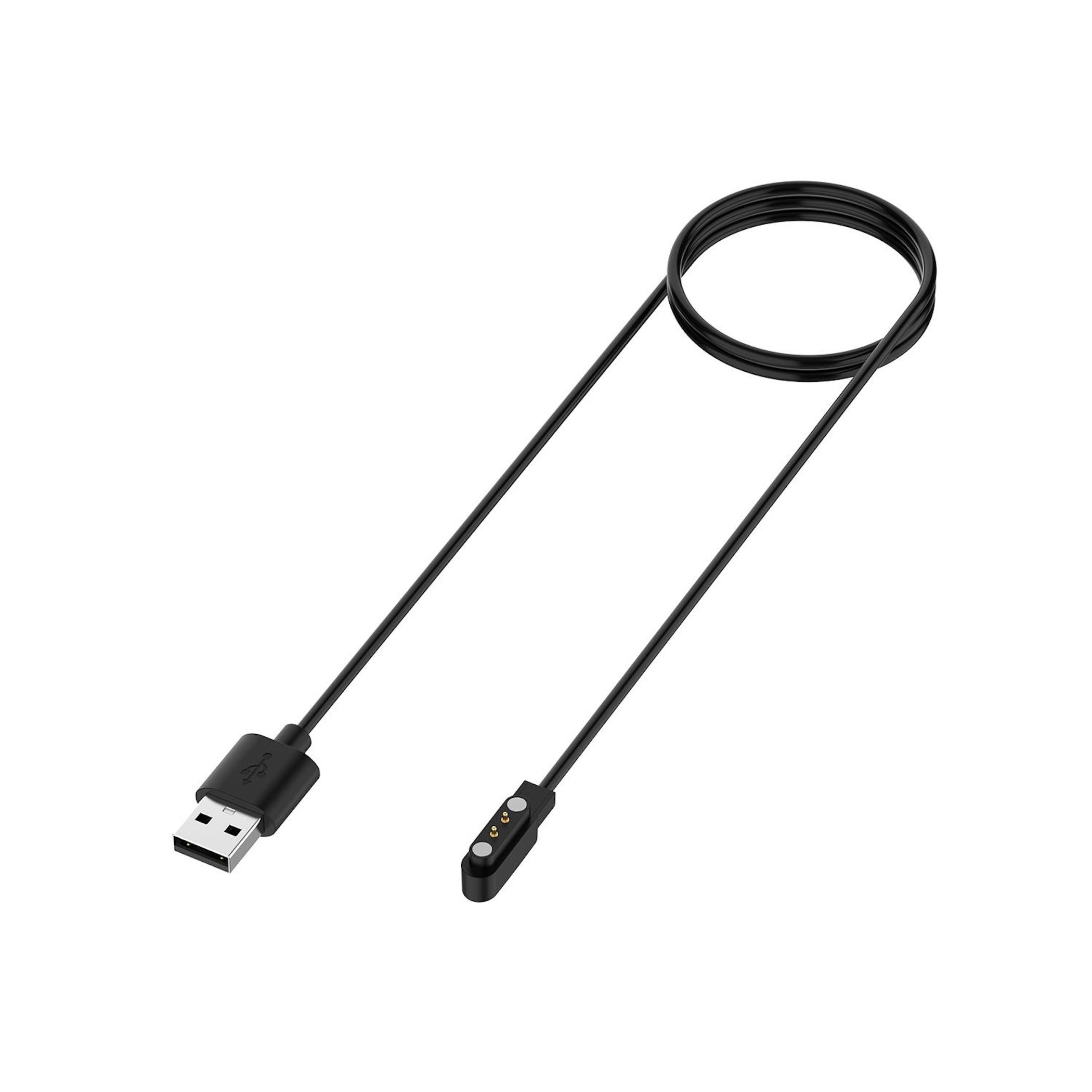 Schwarzes USB-Ladekabel mit magnetischem Anschluss, auf weißem Hintergrund.