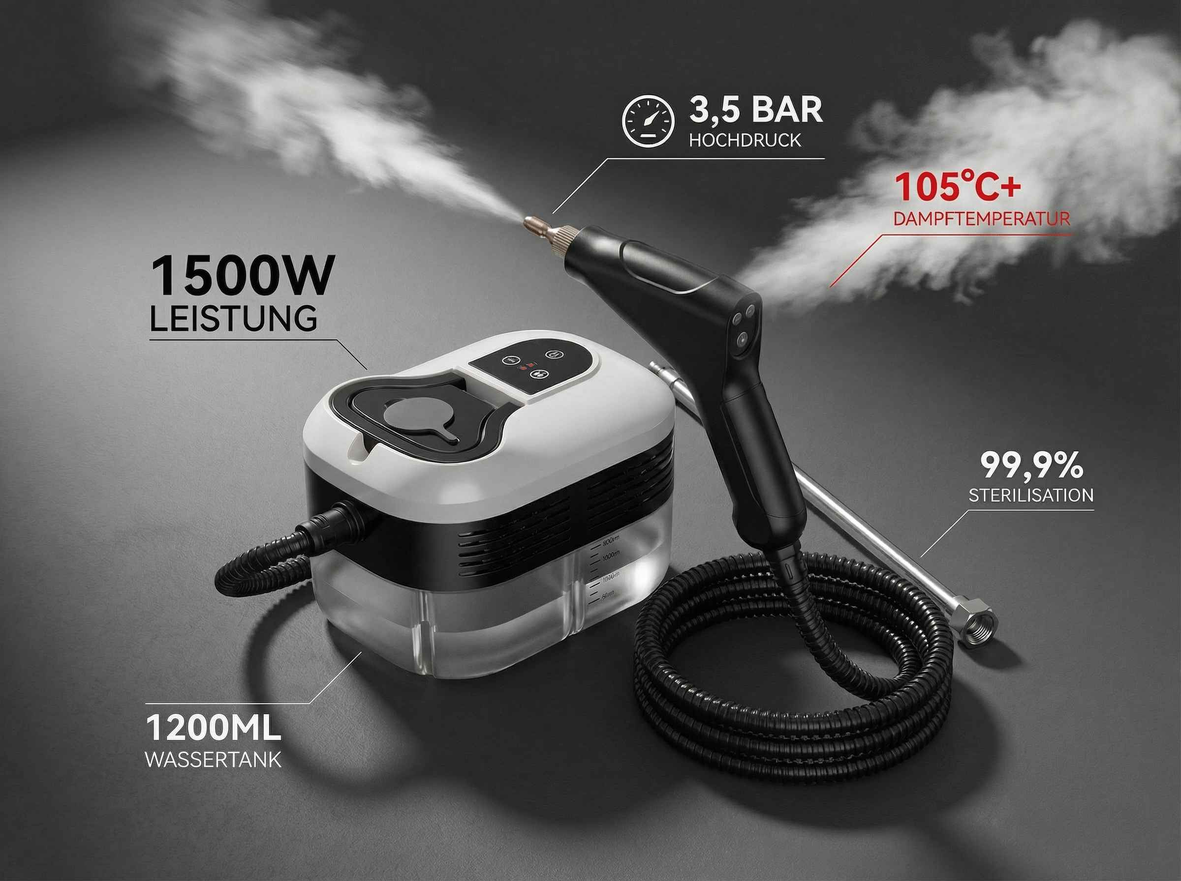 Dampfreiniger mit 1500W Leistung, 1200ml Tank, 3,5 Bar und 105°C.