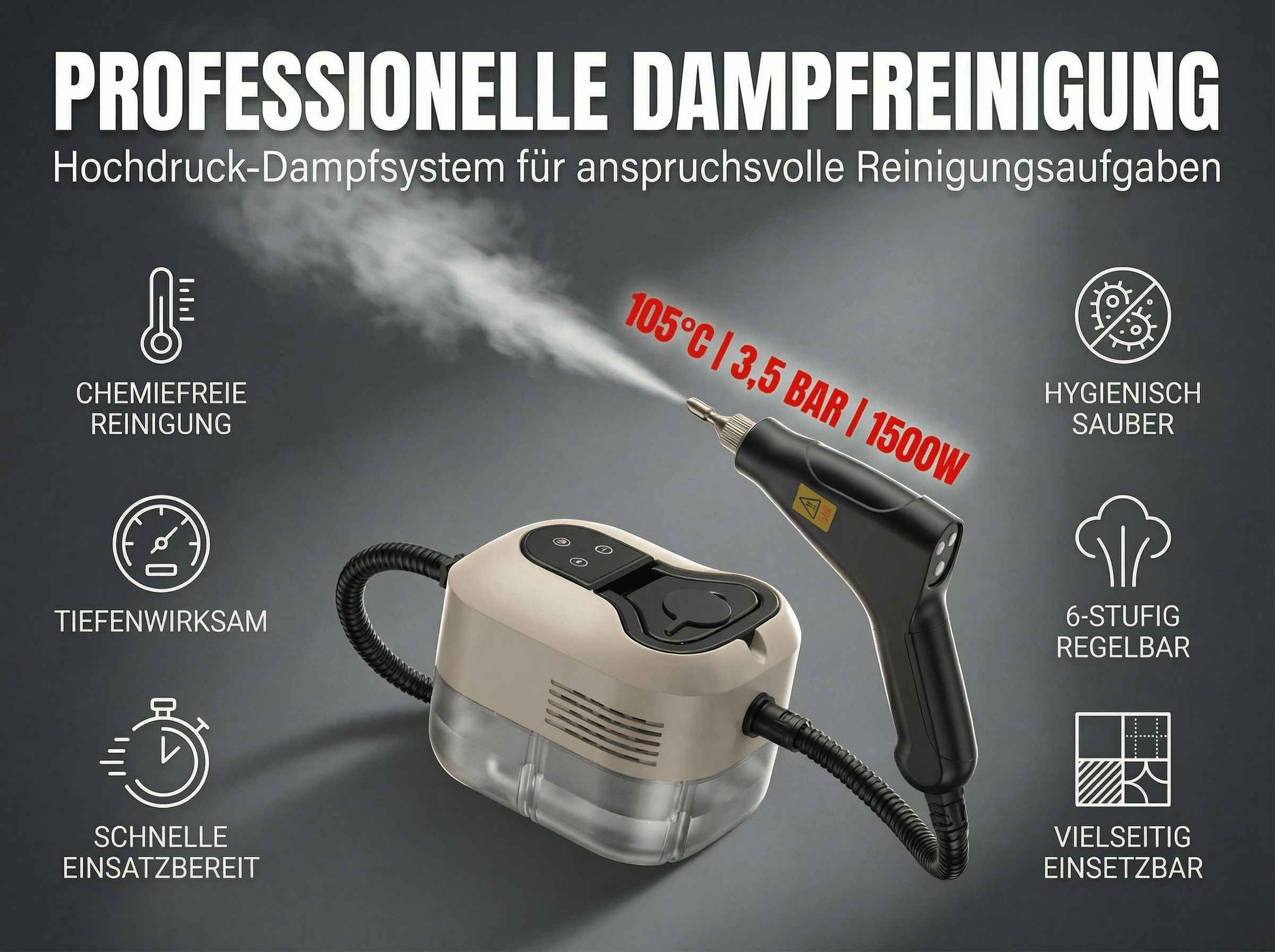 Dampfreiniger mit Pistole und Schlauch, 105°C, 3,5 Bar, 1500W. Chemiefrei, tiefenwirksam.