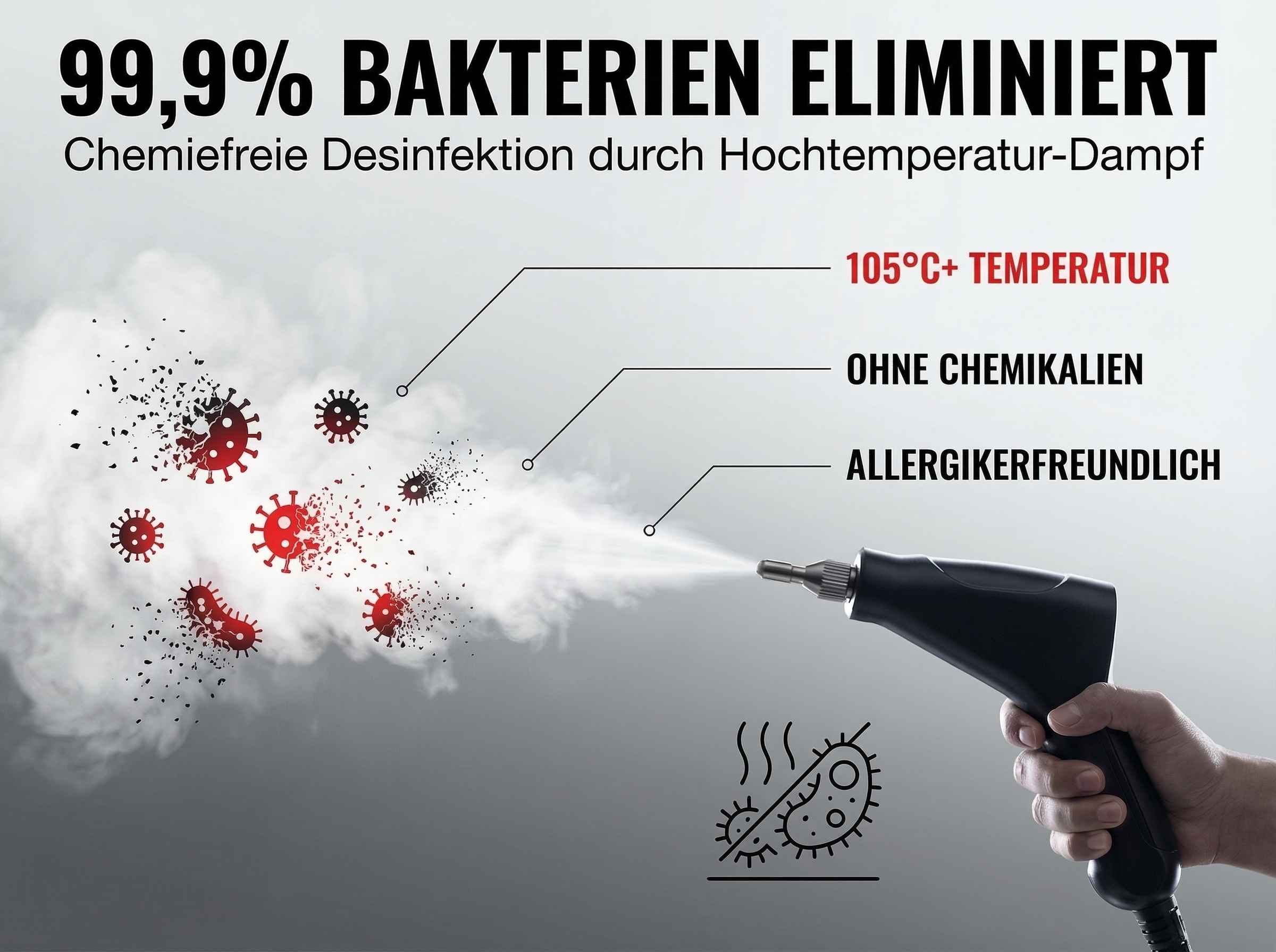 Ein Dampfapparat tötet Bakterien mit 105°C Heißdampf ab.