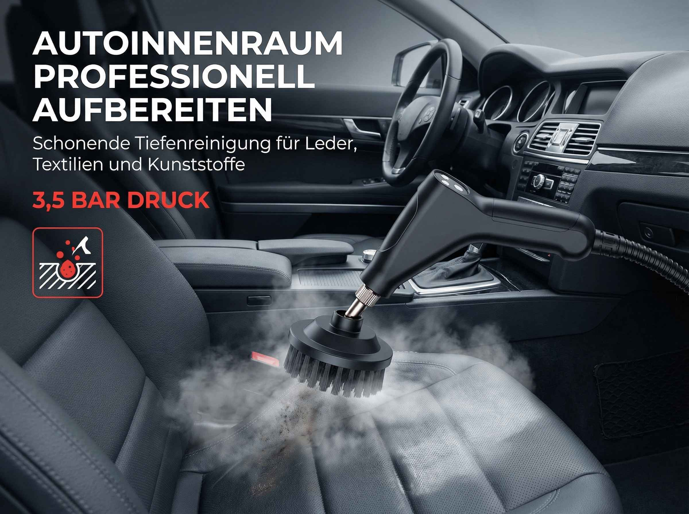 Dampfreiniger reinigt Autositz aus Leder mit Bürstenaufsatz.