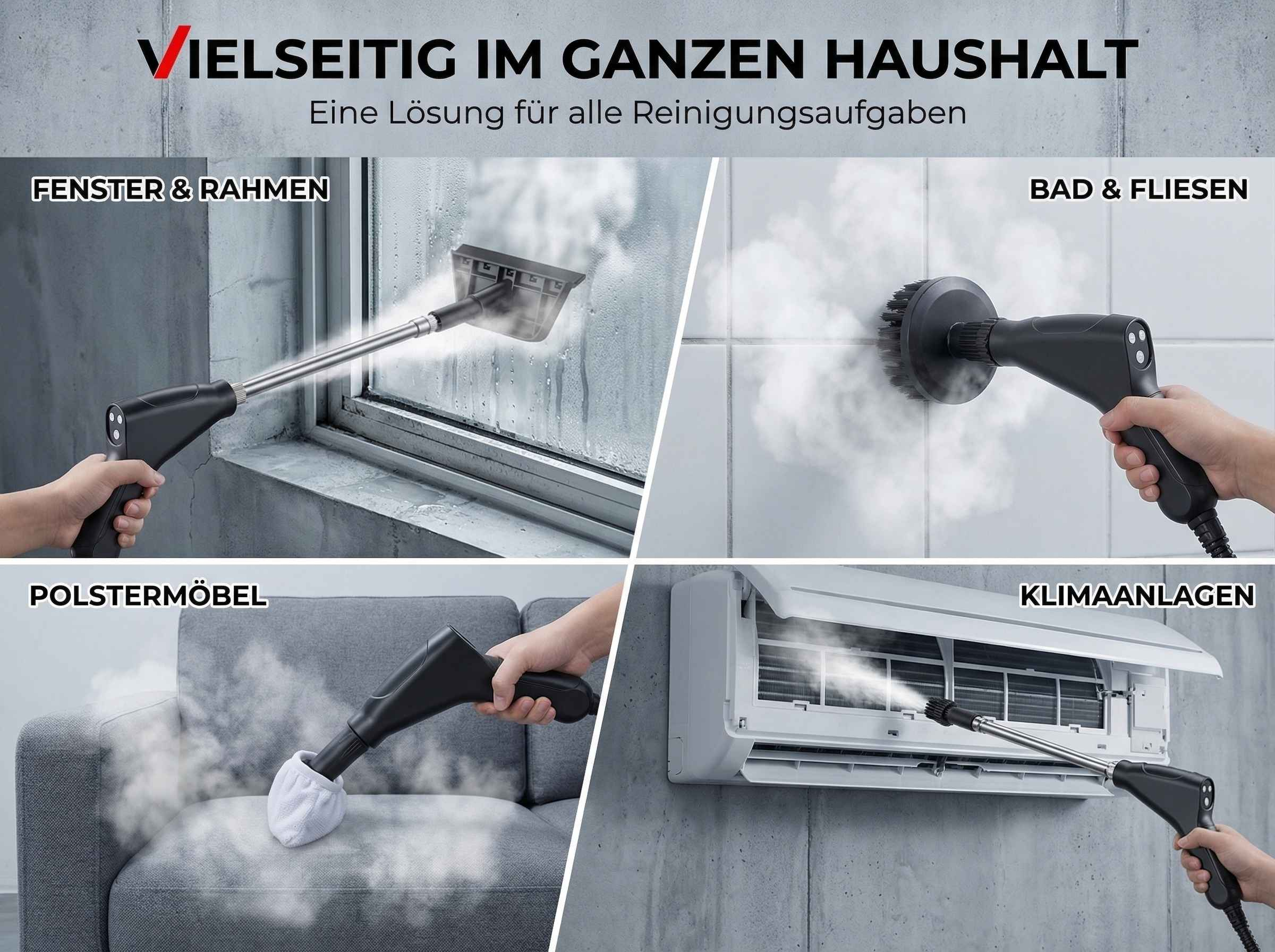 Vielseitiger Dampfreiniger reinigt Fenster, Möbel, Badfliesen und Klimaanlagen.
