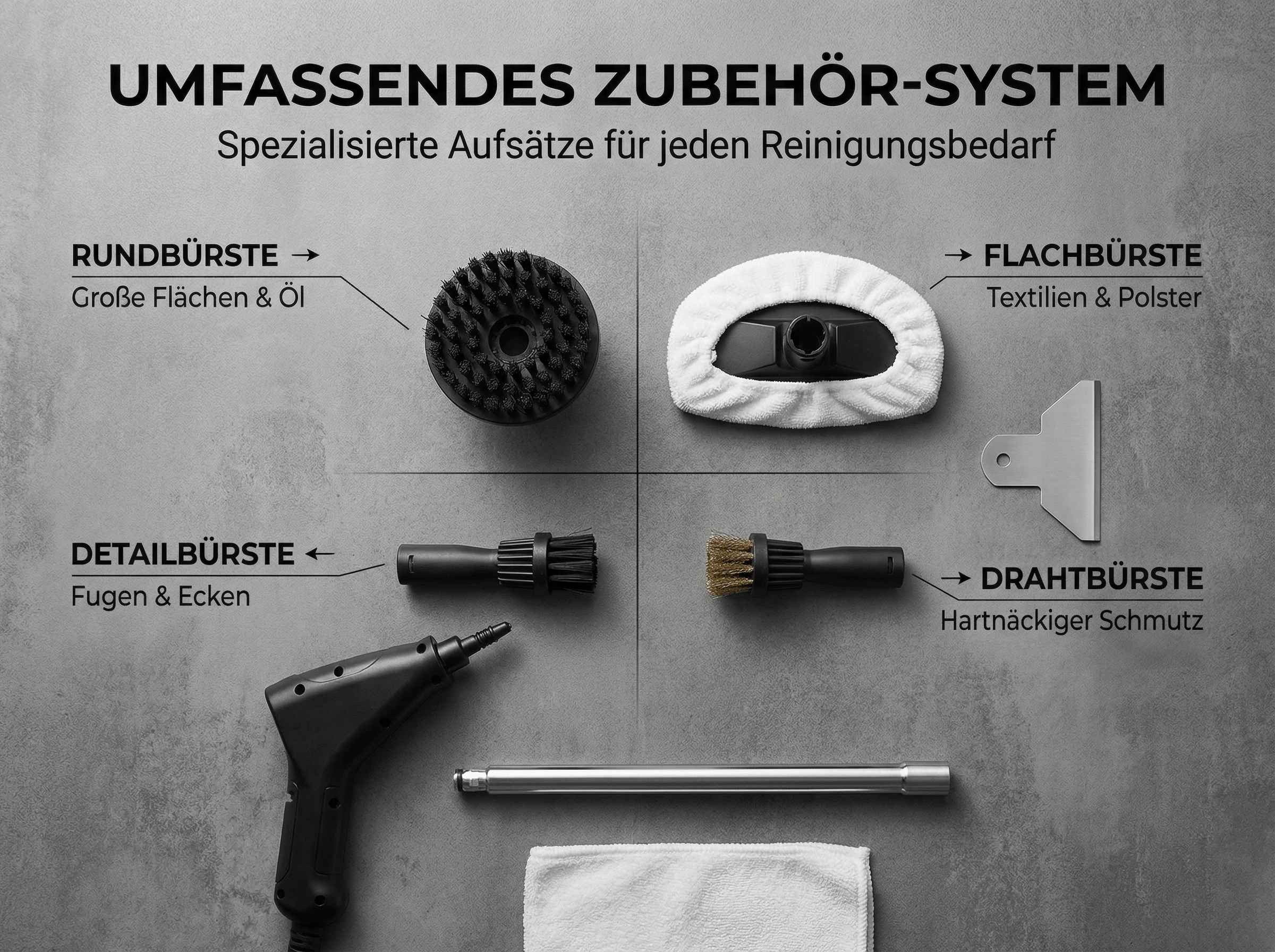 Dampfreiniger Zubehör: Rund-, Flach-, Detail- und Drahtbürsten, Verlängerungsrohr.