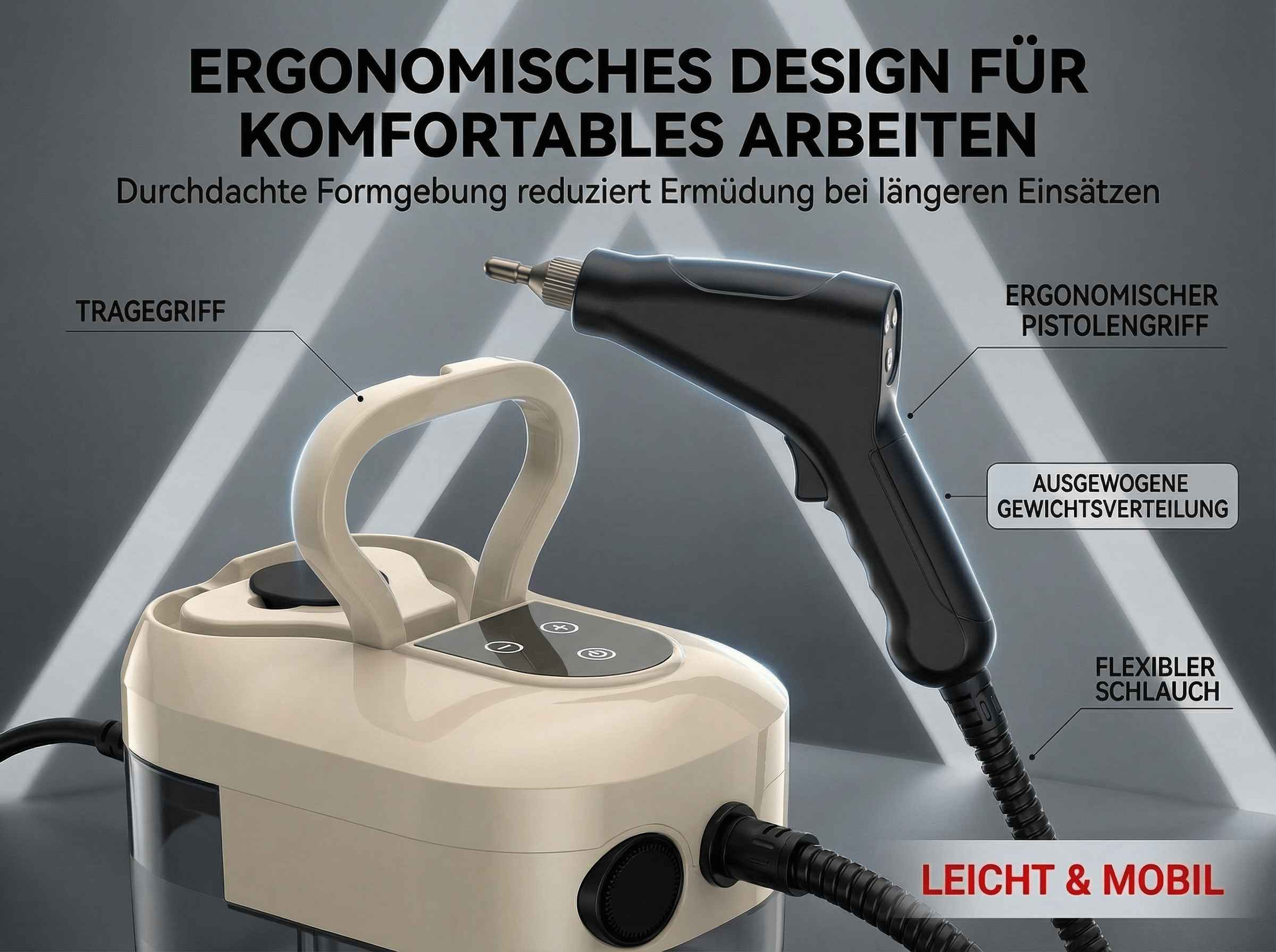 Ein beiges Dampfgerät mit schwarzem Schlauch und Pistolenhandgriff.
