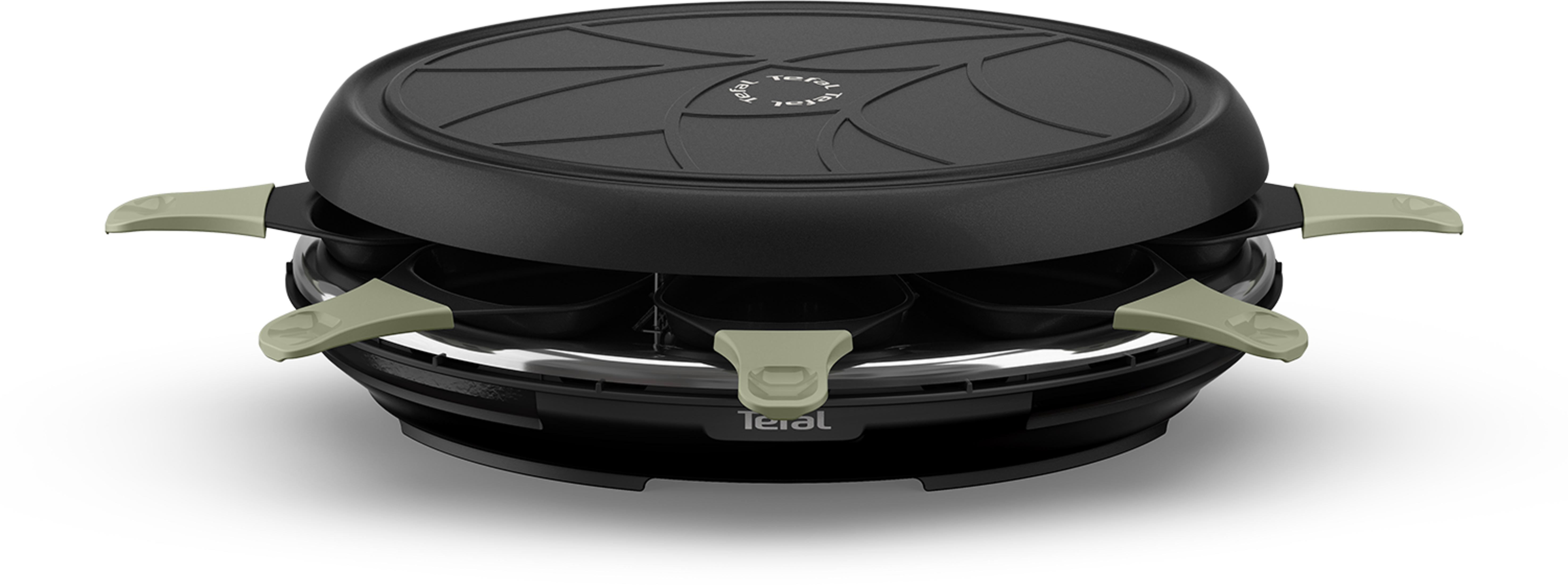 Una griglia per raclette nera con sei padelle e manici verde chiaro.