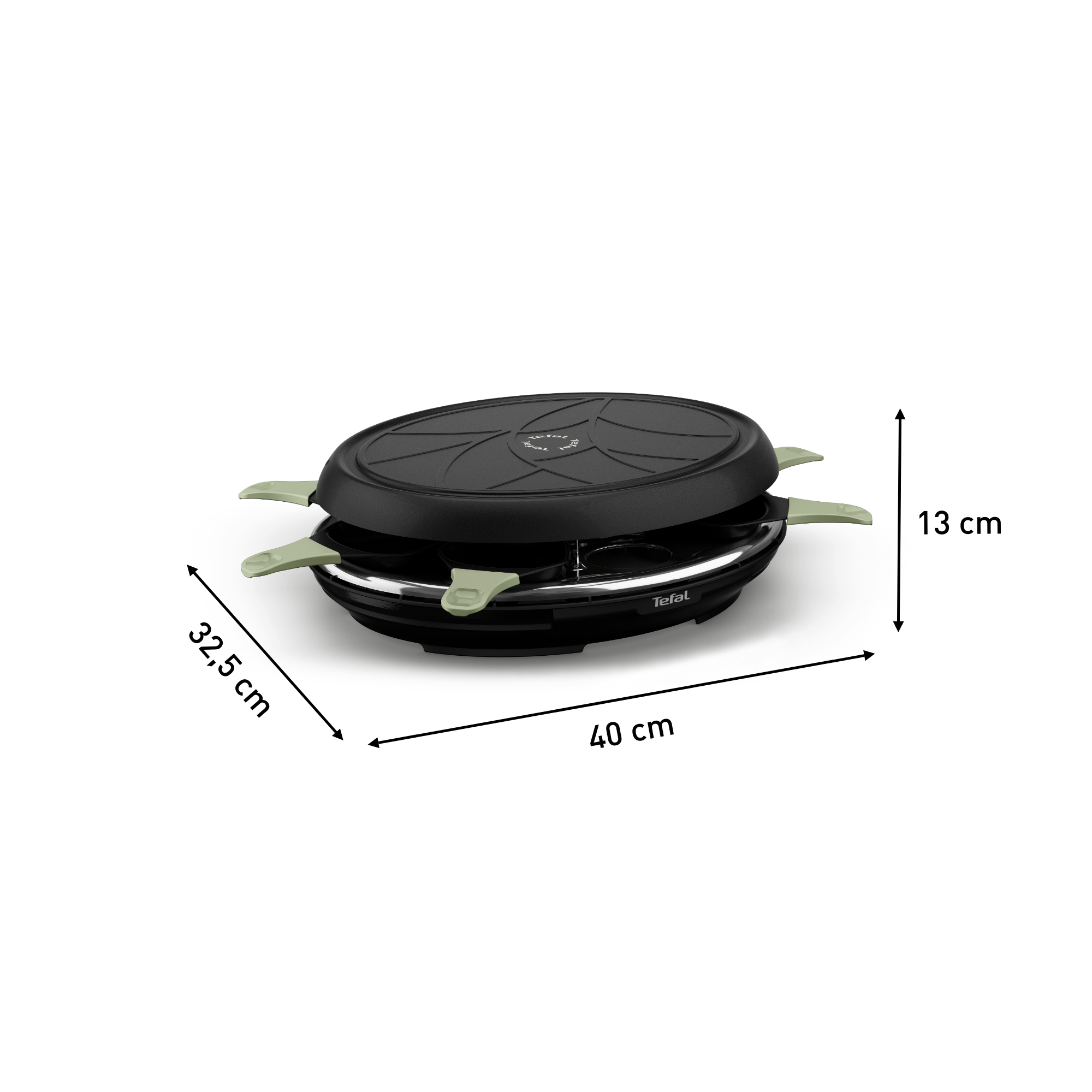 Una griglia per raclette nera con manici verde chiaro, dimensioni: 40x32,5x13cm.