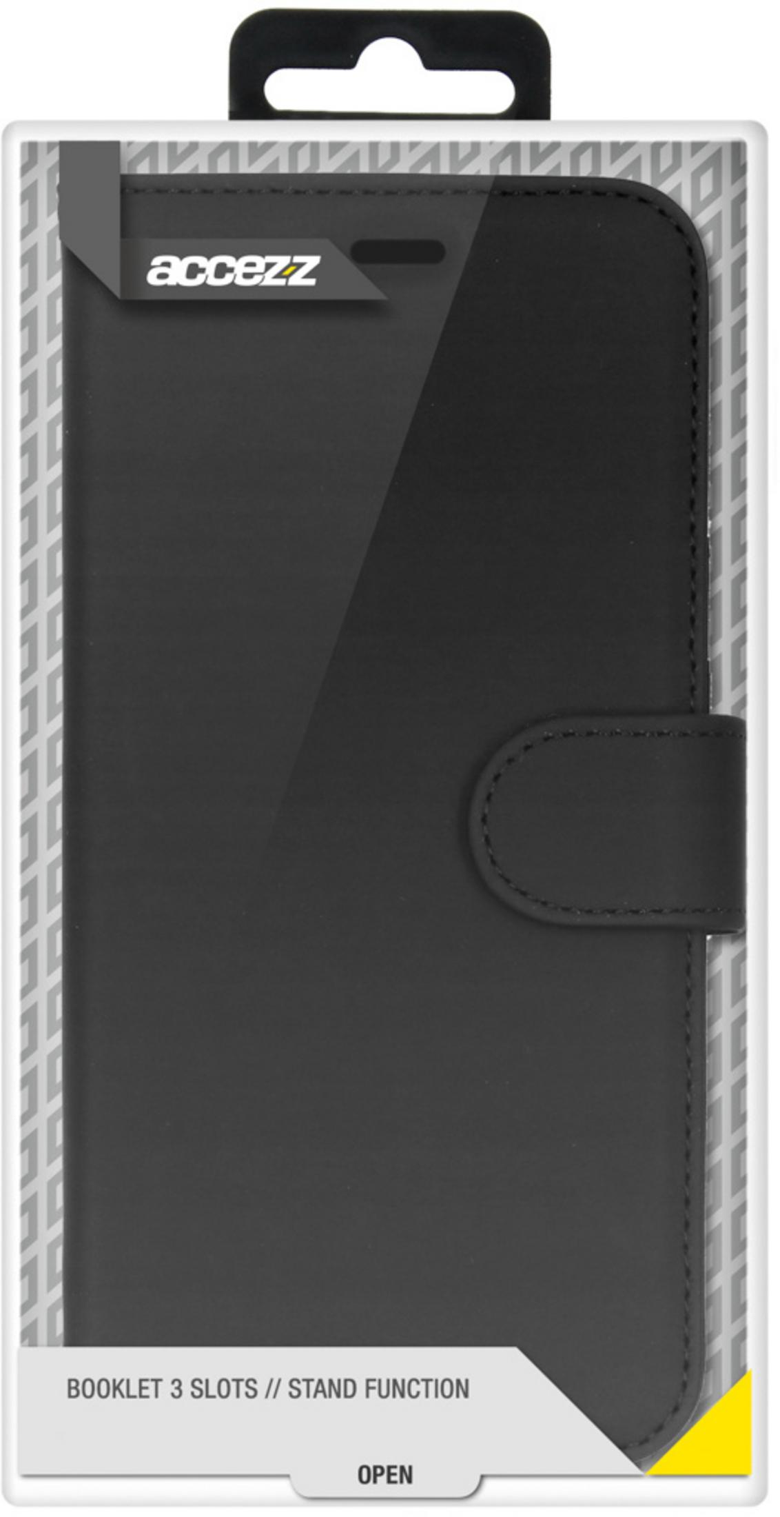 Custodia nera a libretto con chiusura a scatto e logo del marchio.
