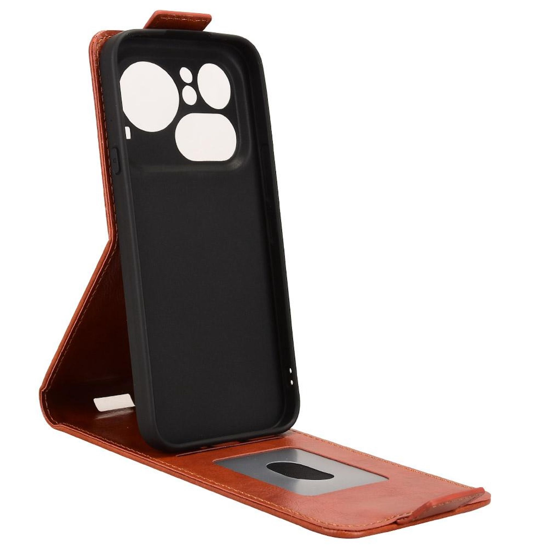 Ein braunes Leder-Flip-Case für ein Smartphone, das offen auf einer weißen Fläche liegt.
