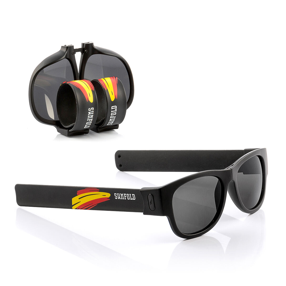 Schwarze Sonnenbrille mit roten und gelben Streifen auf den Bügeln.