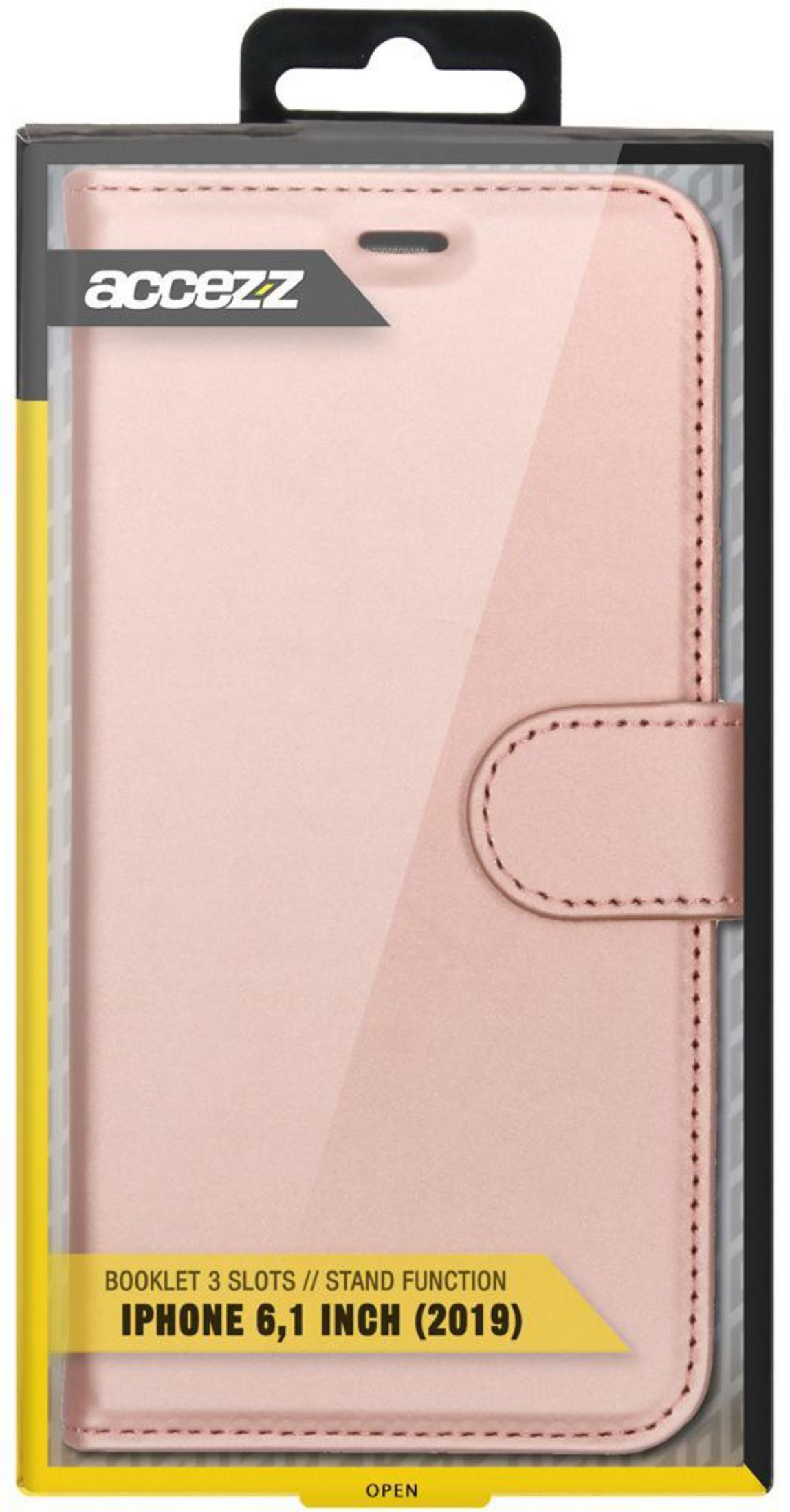 Eine rosafarbene Handyhülle für ein iPhone 6,1 Zoll (2019) mit Steckplätzen und Standfunktion.