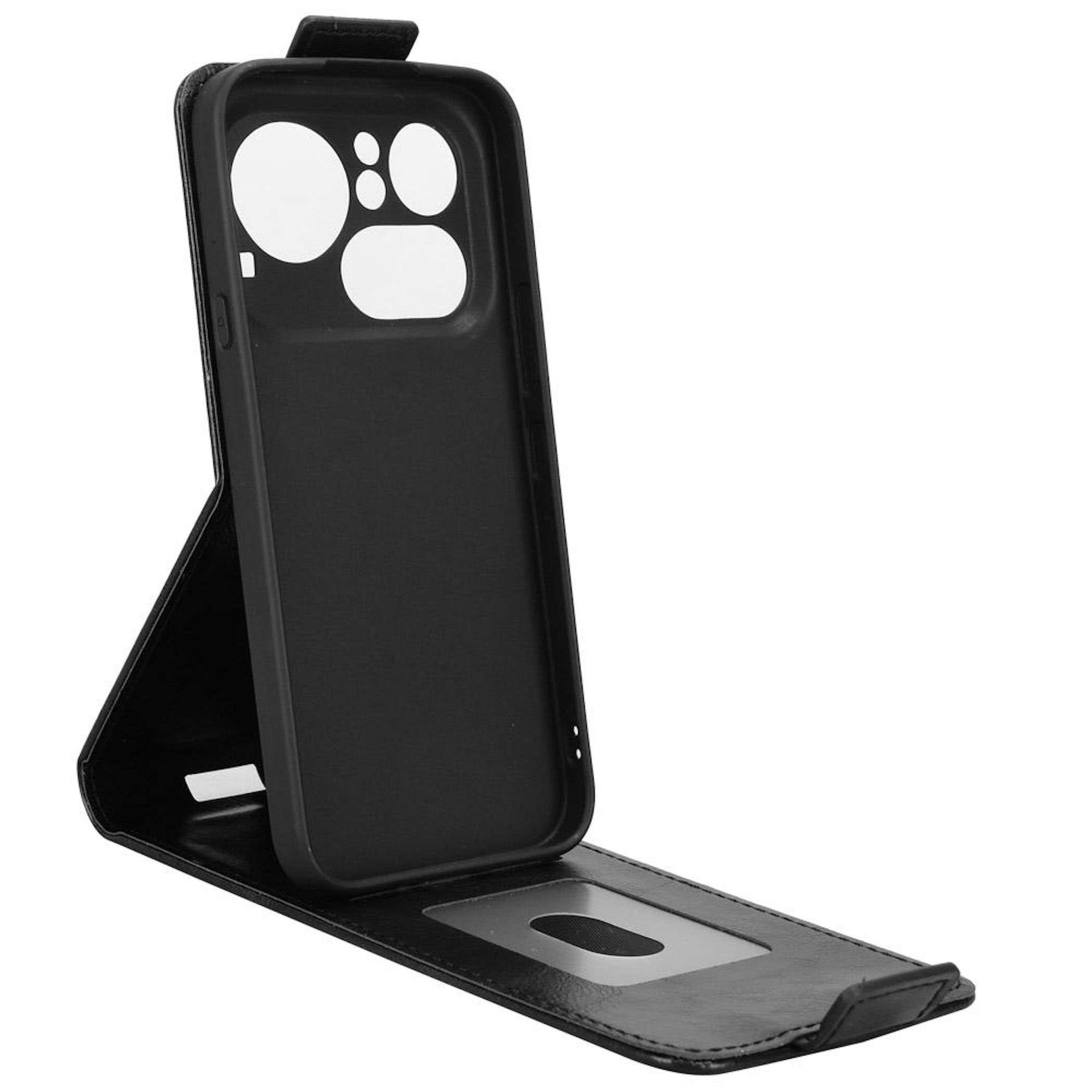 Ein schwarzes iPhone-Hülle mit Klappdeckel und Fenster, auf weißem Hintergrund.
