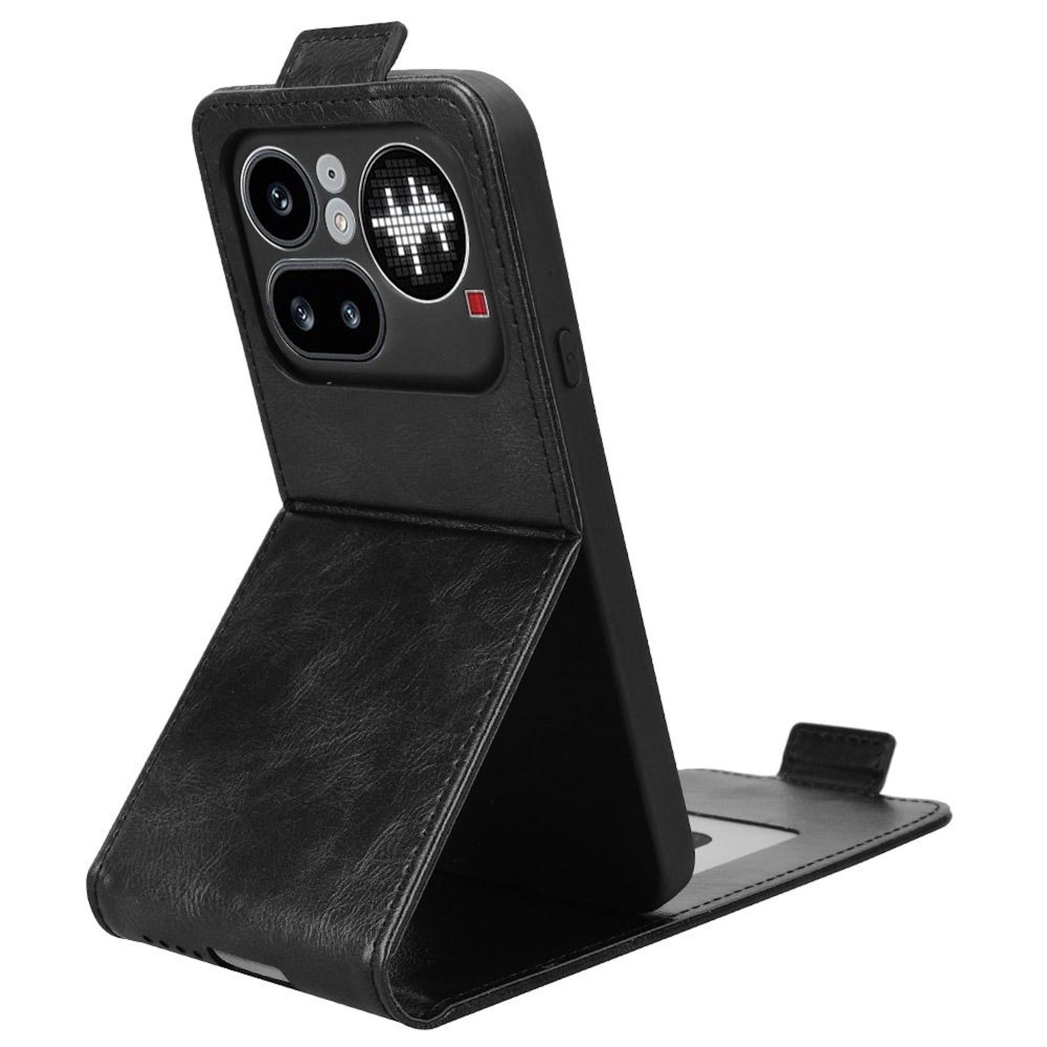 Schwarzes Leder-Flip-Case für ein Smartphone mit Kameras und einem Muster.