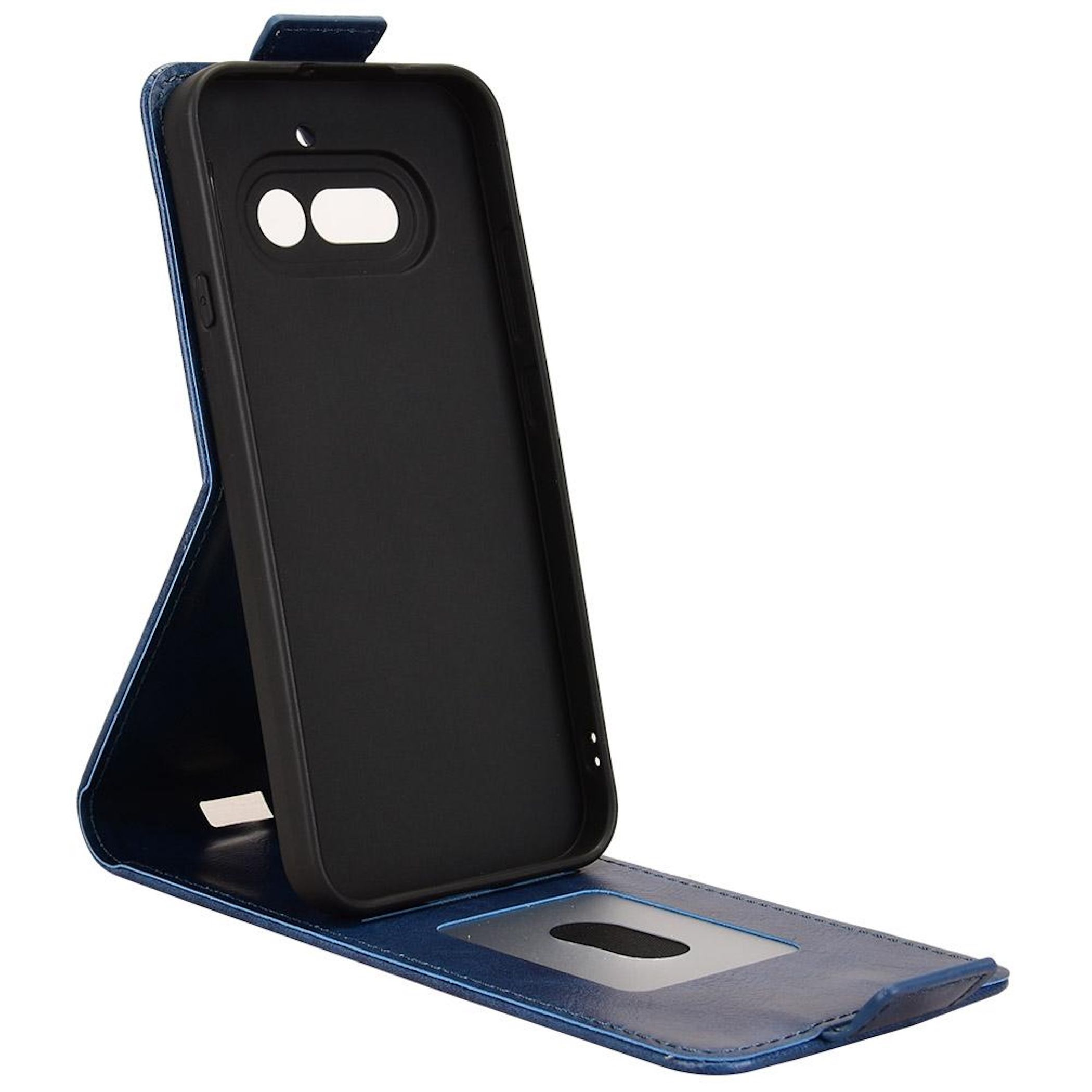 Una funda de cuero azul para smartphone, mostrada abierta.