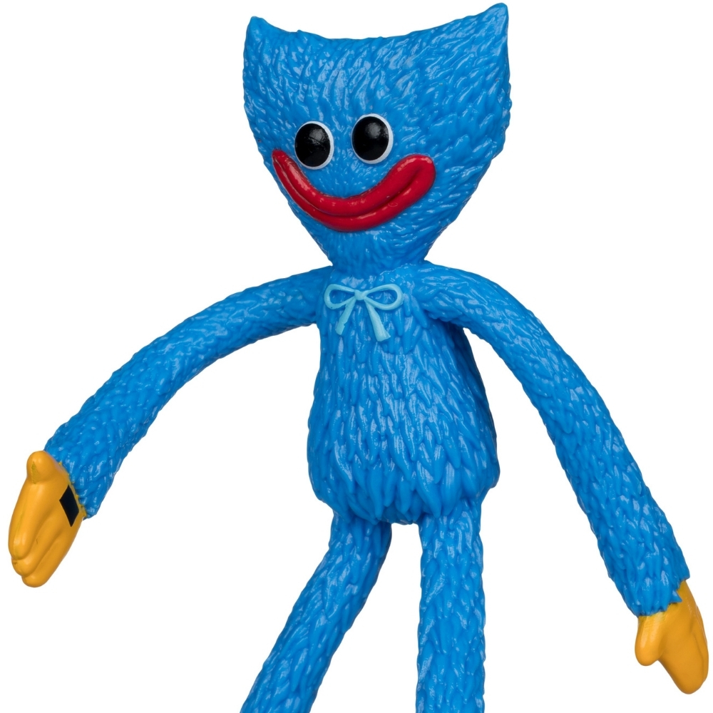 Un personaggio giocattolo di peluche blu con mani gialle e un ampio sorriso.