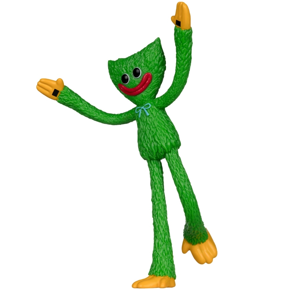 Figura giocattolo verde con mani e piedi gialli, sorridente.