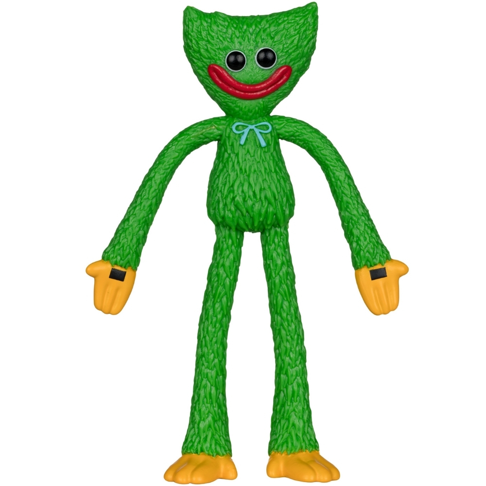 Una figura verde e pelosa con mani e piedi gialli e un fiocco blu.