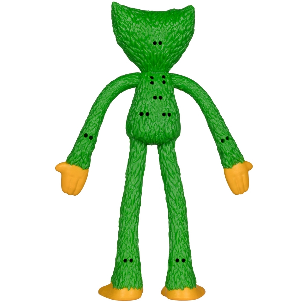 Una figura giocattolo verde con mani e piedi arancioni sta in piedi.