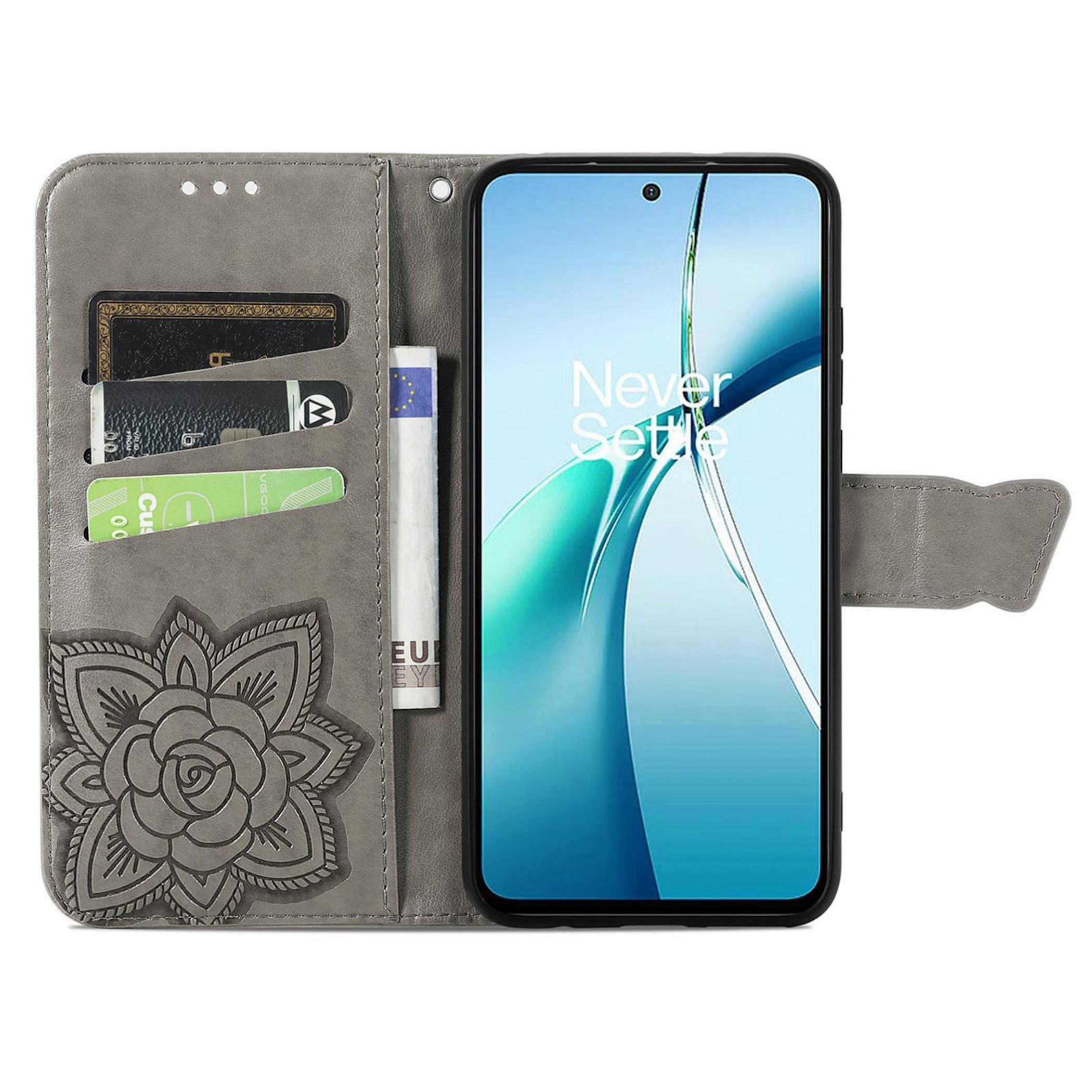 Graues Handy-Flip-Case mit Blumenmuster, Kartenfächern und Handy.