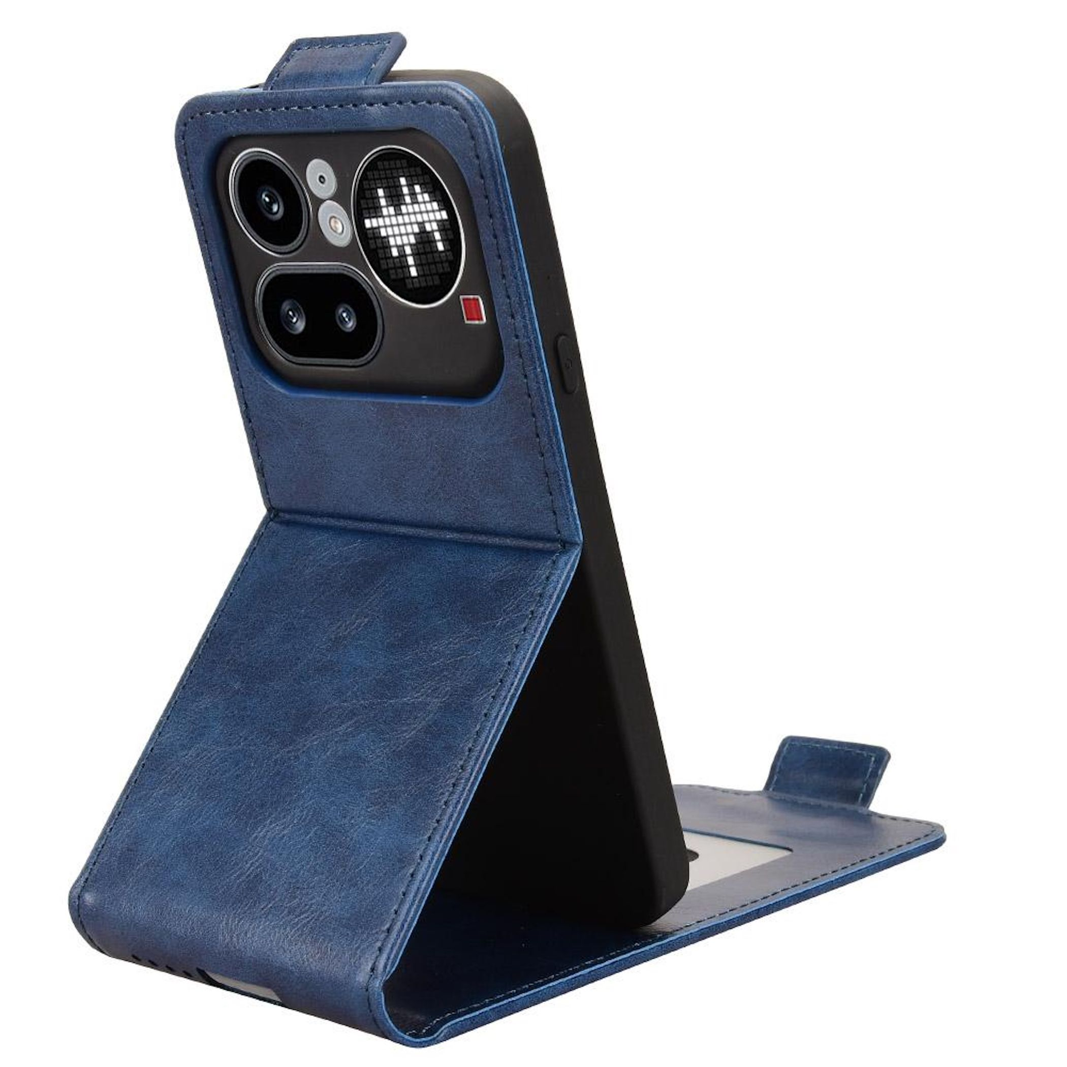 Ein blaues Kunstleder-Flipcase für ein Smartphone, das als Ständer dient.